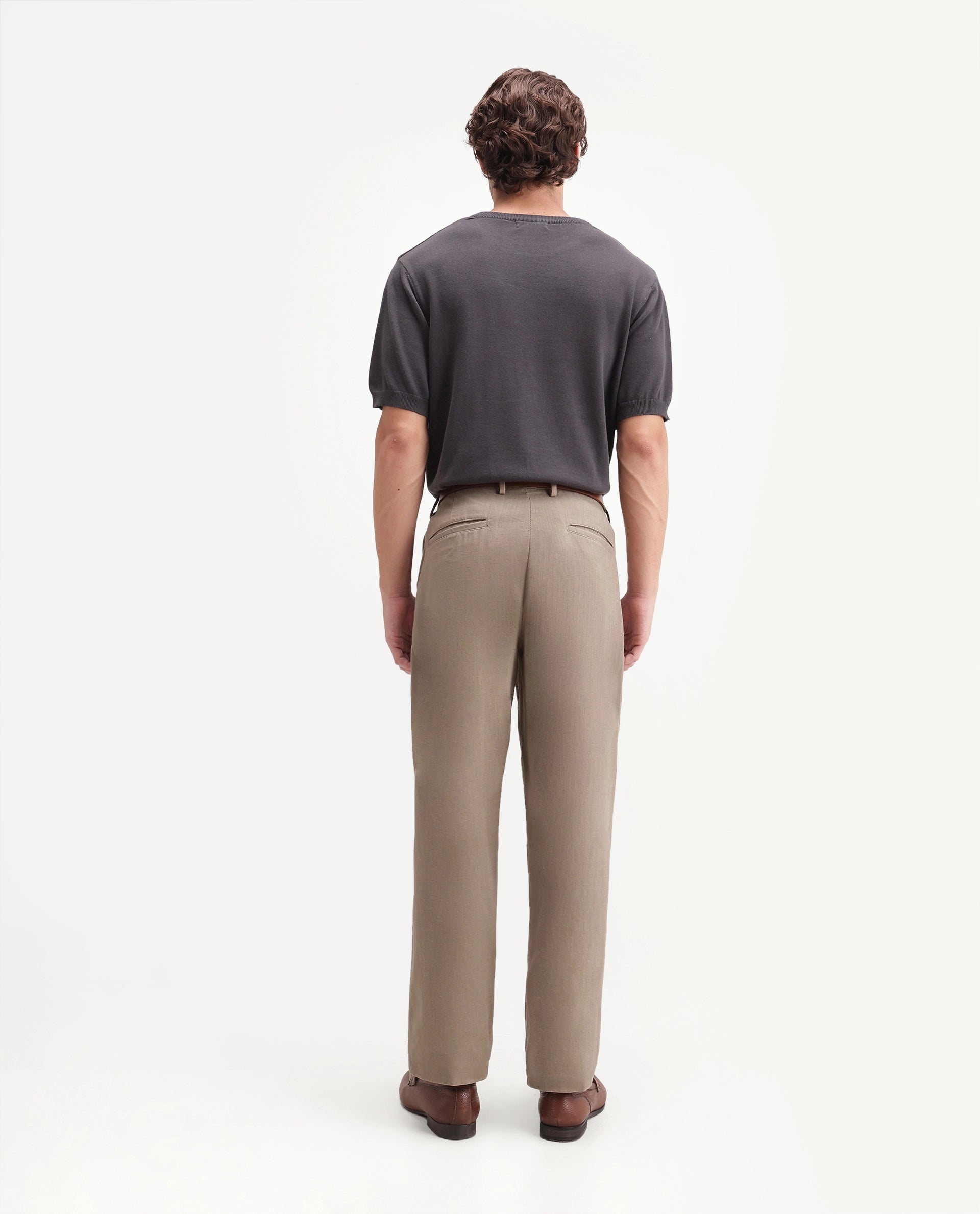 Rare Rabbit Men's Forge Dark Beige Linen Blend Fabric Regular Fit Plain Trouser