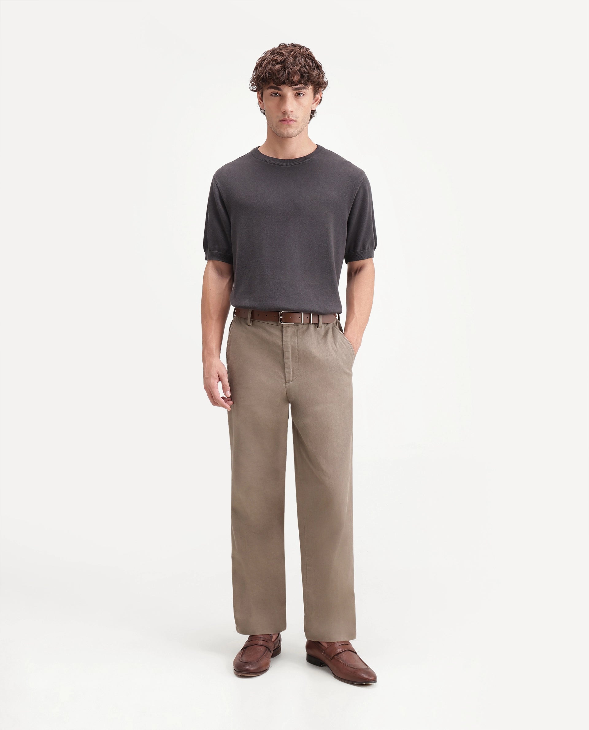 Rare Rabbit Men's Forge Dark Beige Linen Blend Fabric Regular Fit Plain Trouser