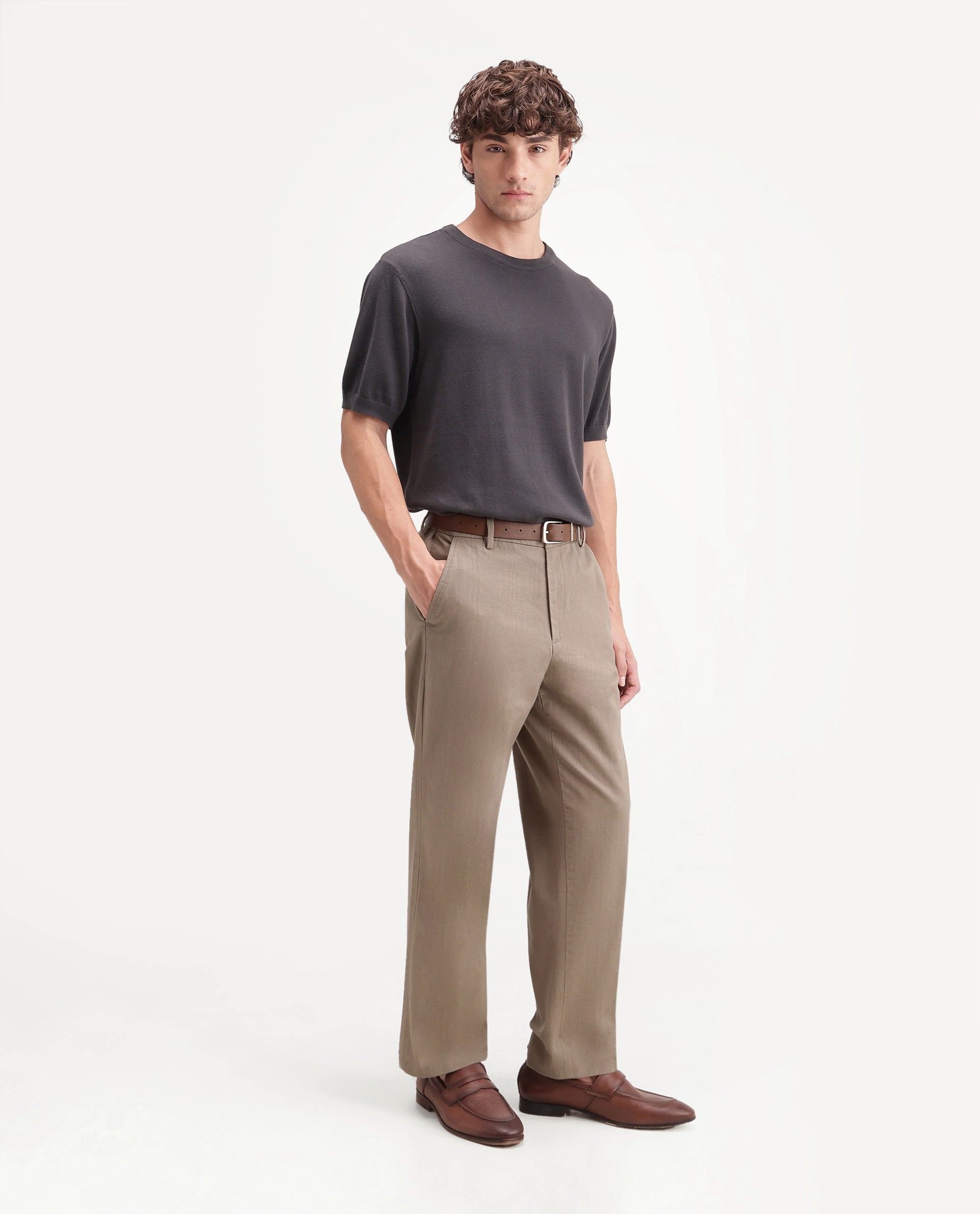 Rare Rabbit Men's Forge Dark Beige Linen Blend Fabric Regular Fit Plain Trouser