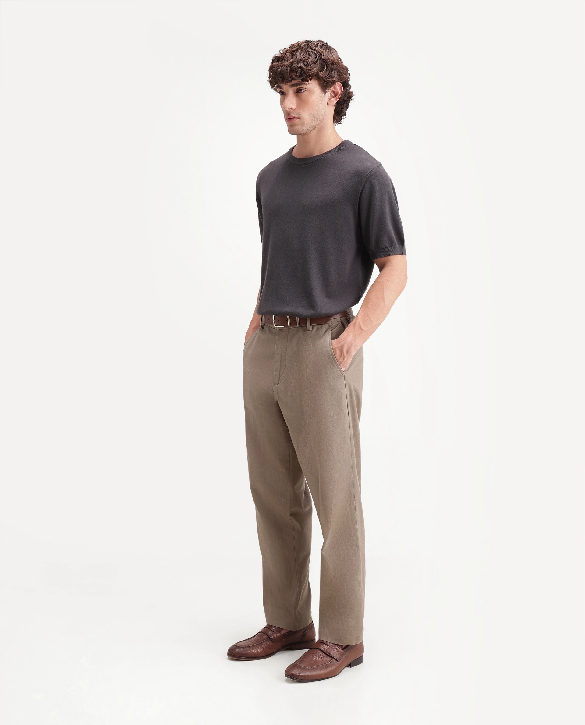 Rare Rabbit Men's Forge Dark Beige Linen Blend Fabric Regular Fit Plain Trouser