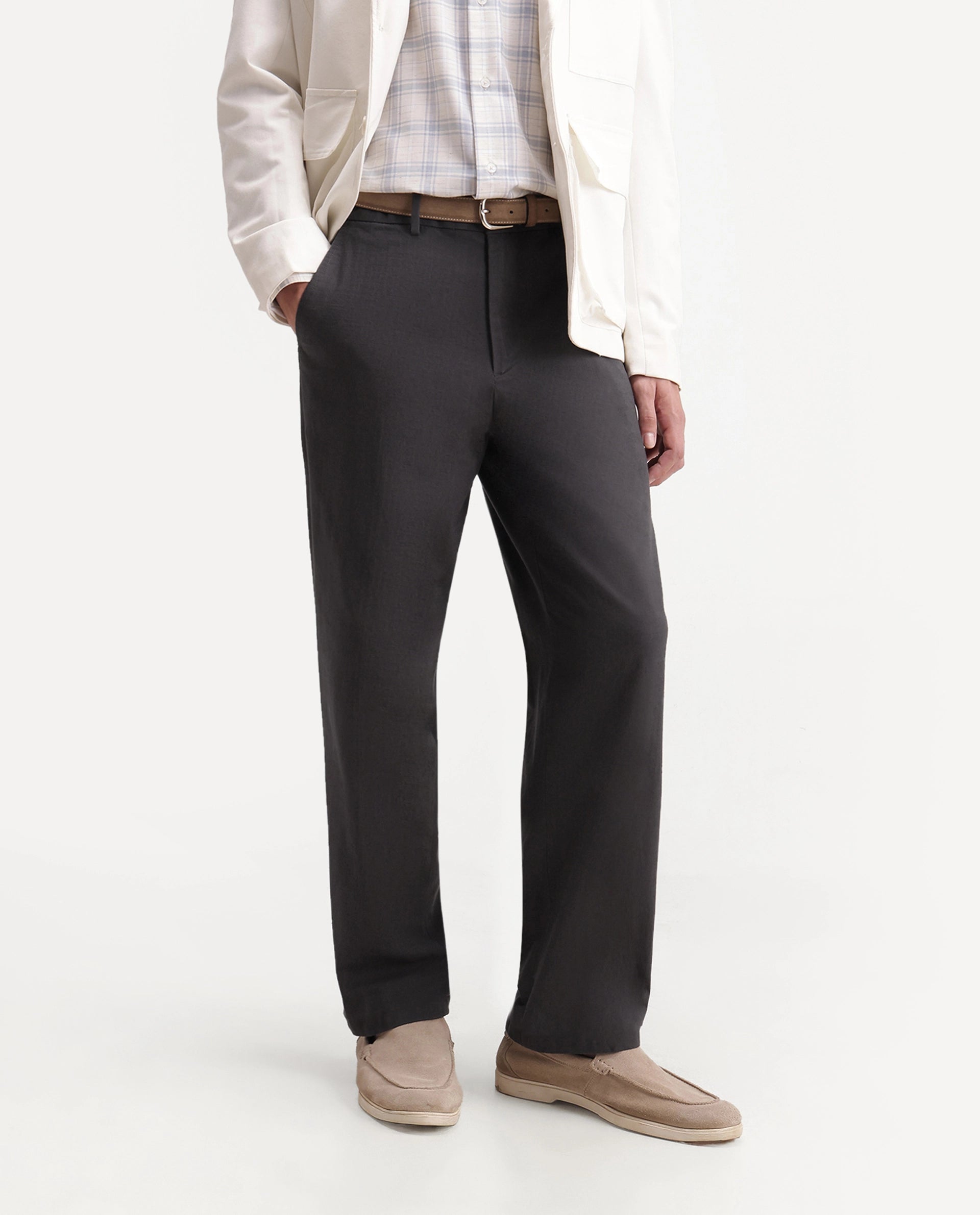 Rare Rabbit Men's Forge Dark Grey Linen Blend Fabric Regular Fit Plain Trouser