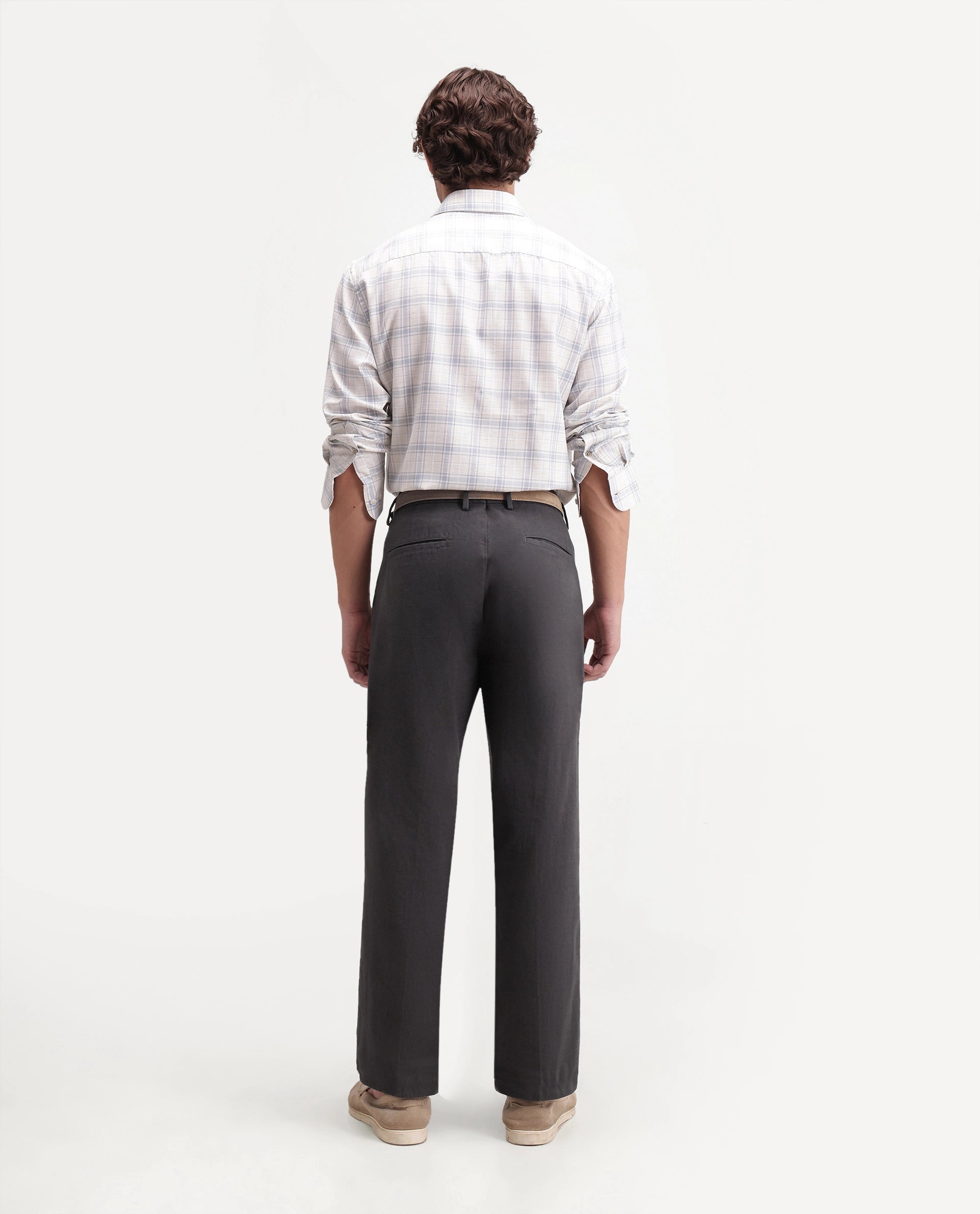 Rare Rabbit Men's Forge Dark Grey Linen Blend Fabric Regular Fit Plain Trouser
