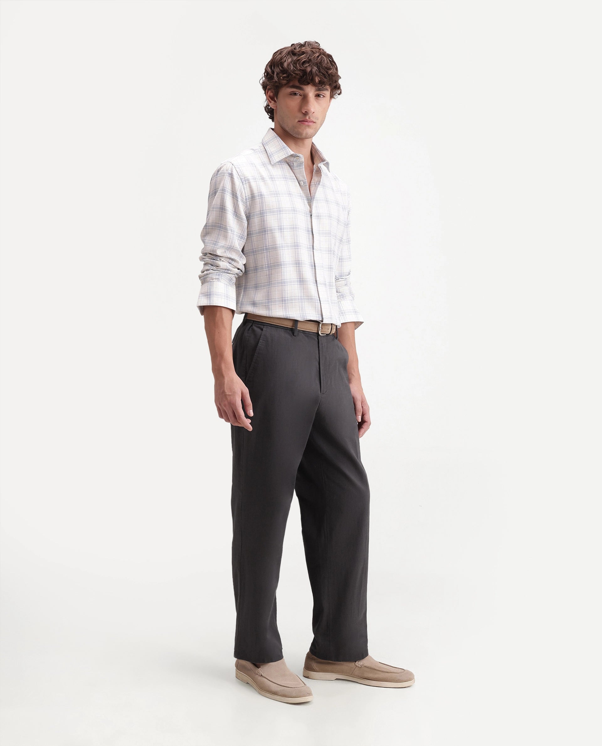 Rare Rabbit Men's Forge Dark Grey Linen Blend Fabric Regular Fit Plain Trouser