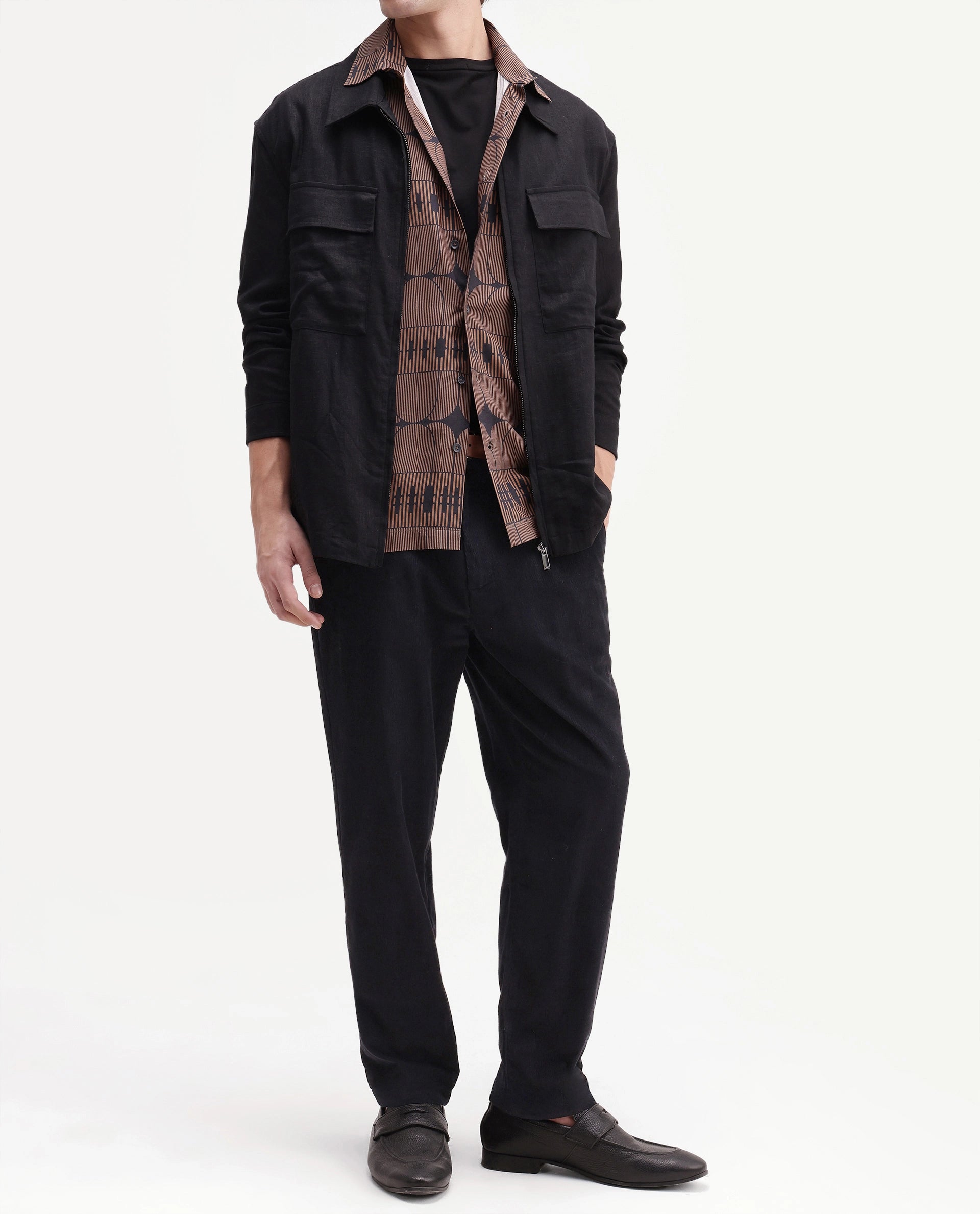 Rare Rabbit Men's Chans Black Cotton Straight Fit Length Plain Trouser