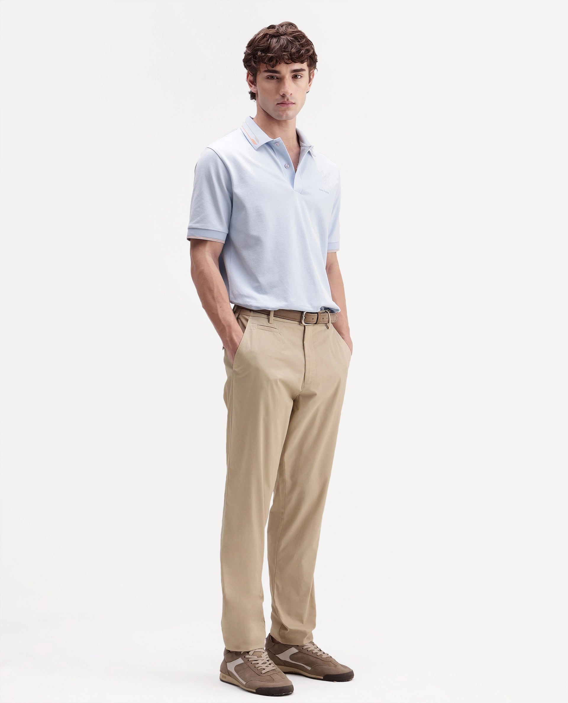 Rare Rabbit Men's Eder-T Beige Cotton Fabric Regular Fit Plain Trouser