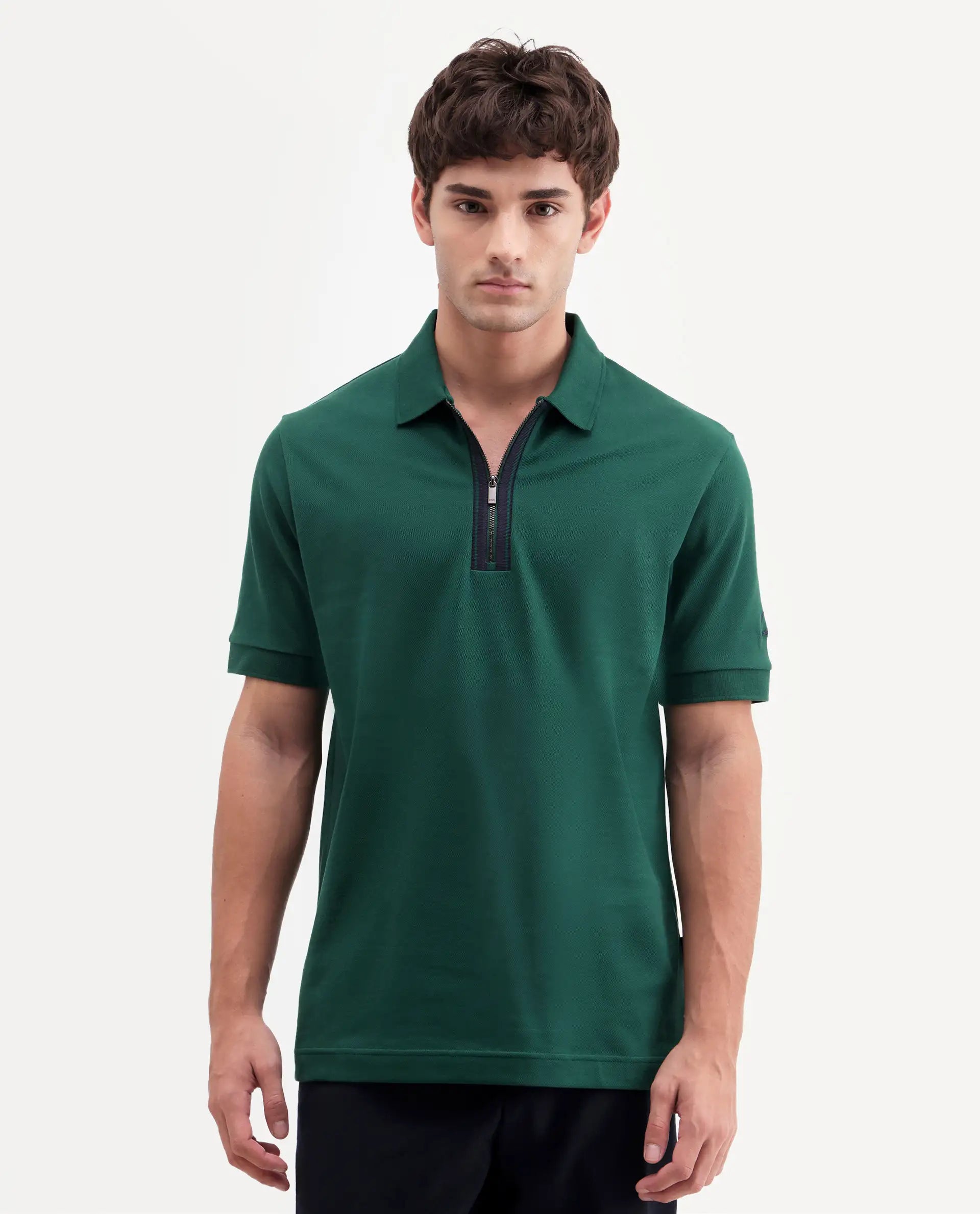 Rare Rabbit Men's Fur Dark Green Cotton Fabric Spread Collar Regular Fit Embroidered Polo