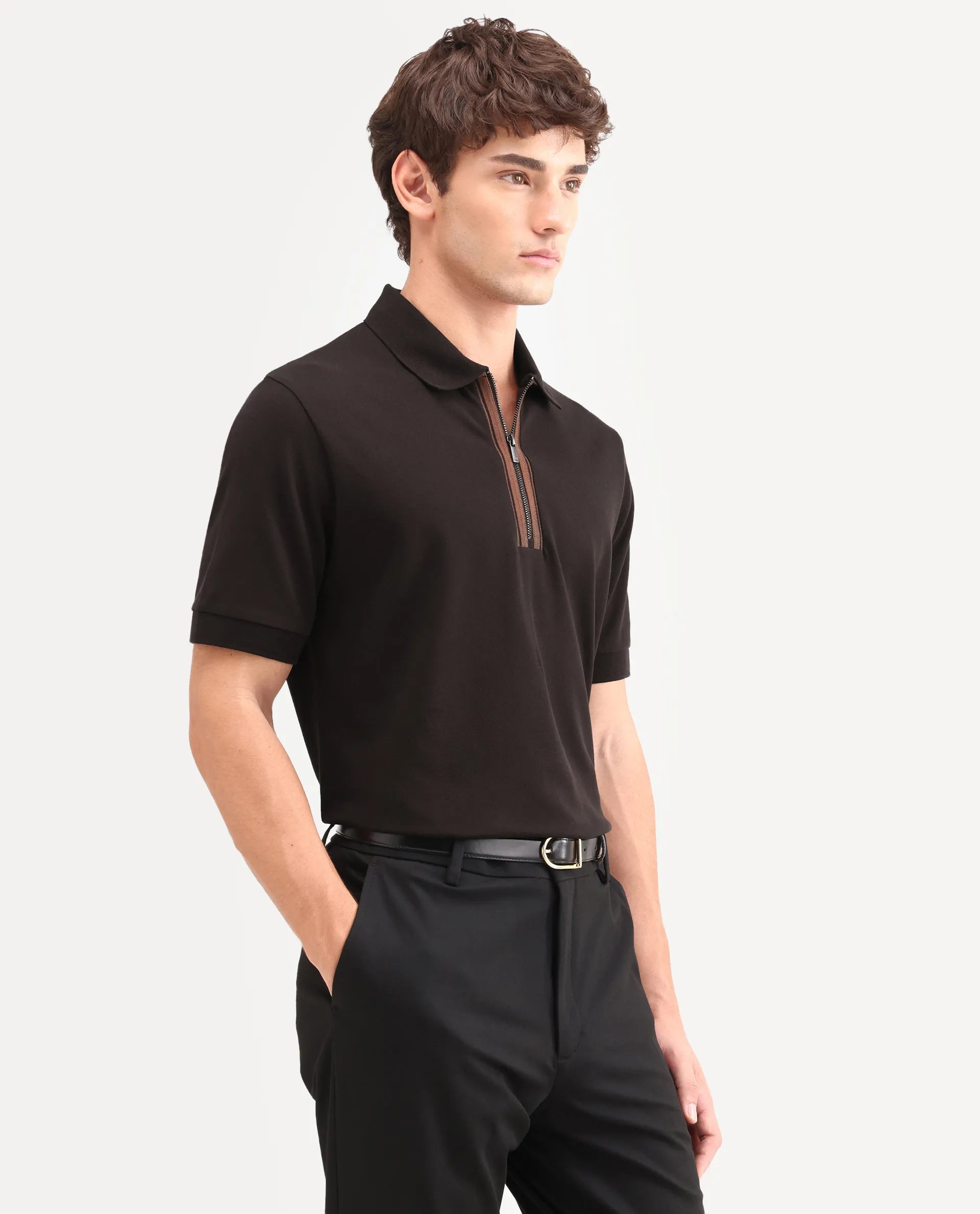 Rare Rabbit Men's Fur Brown Cotton Fabric Spread Collar Regular Fit Embroidered Polo