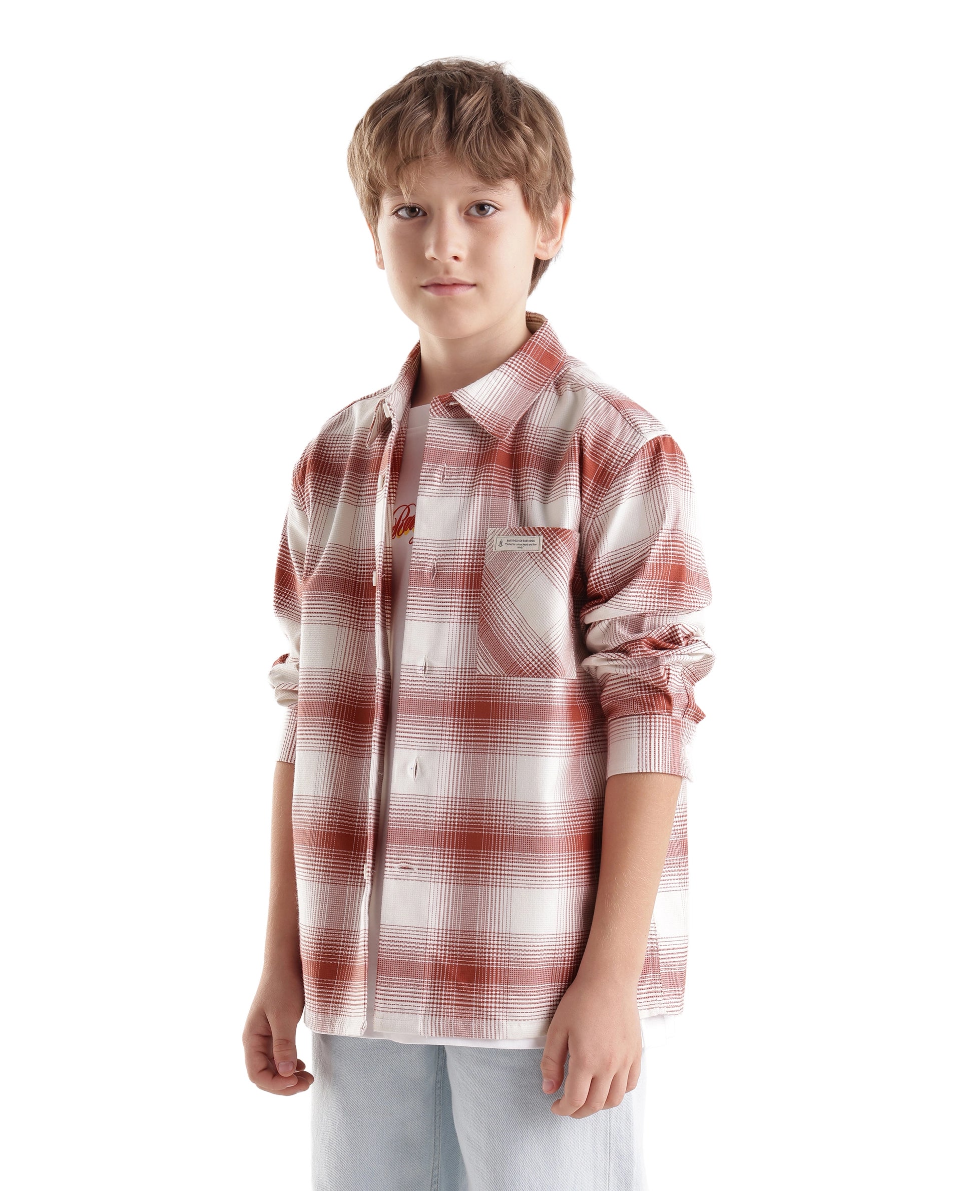 Rare Ones Kids Zhek Rust Cotton Blend Fabric Button Closure Relaxed Fit Shirt