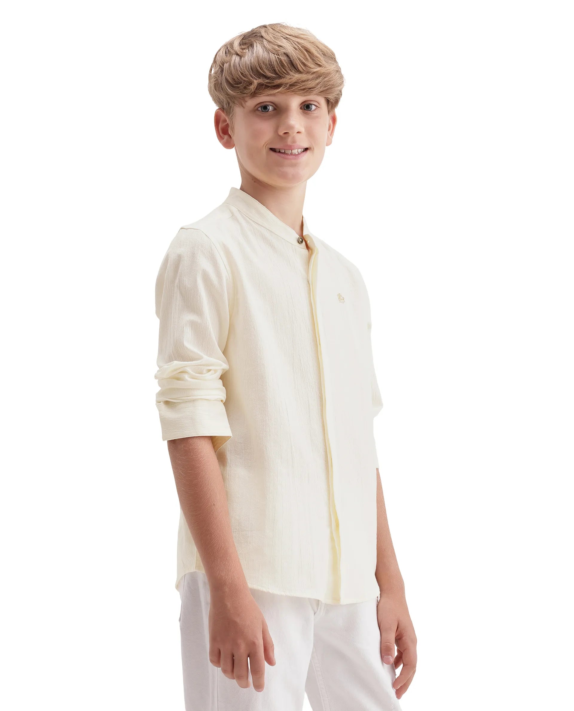 Rare Ones Kids Clin Off White Cotton Fabric Button Closure Regular Fit Shirt
