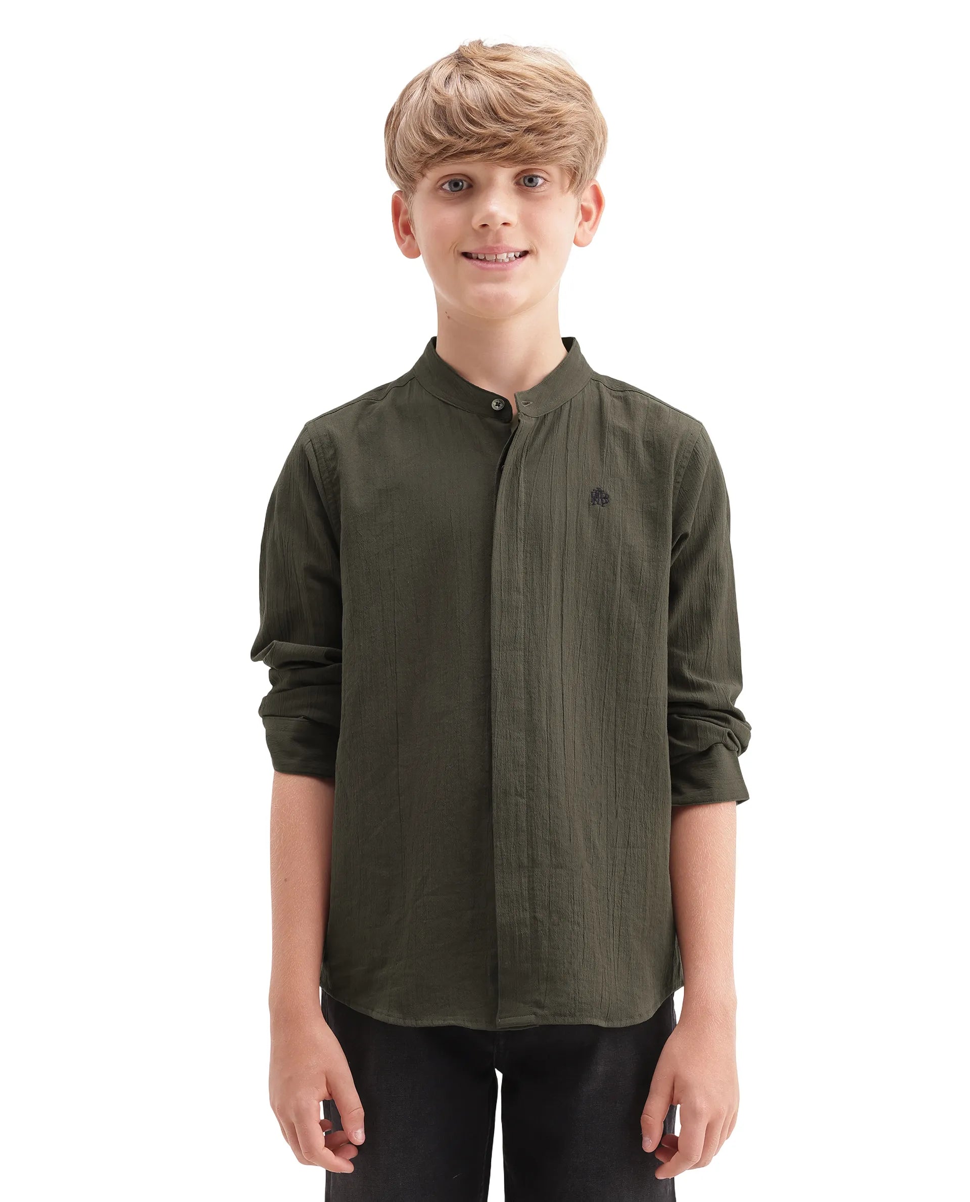Rare Ones Kids Clin Olive Cotton Fabric Button Closure Regular Fit Shirt