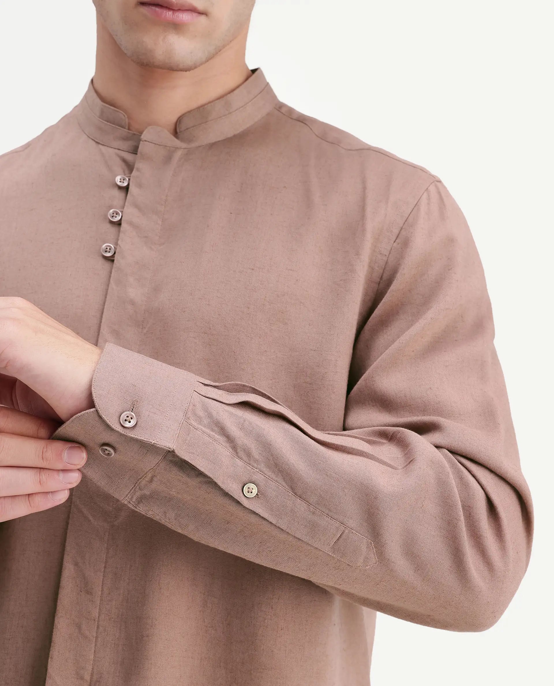 Rare Rabbit Men's Throne-Aw26 Light Brown Linen Blend Mandarin Collar Regular Plain Shirt