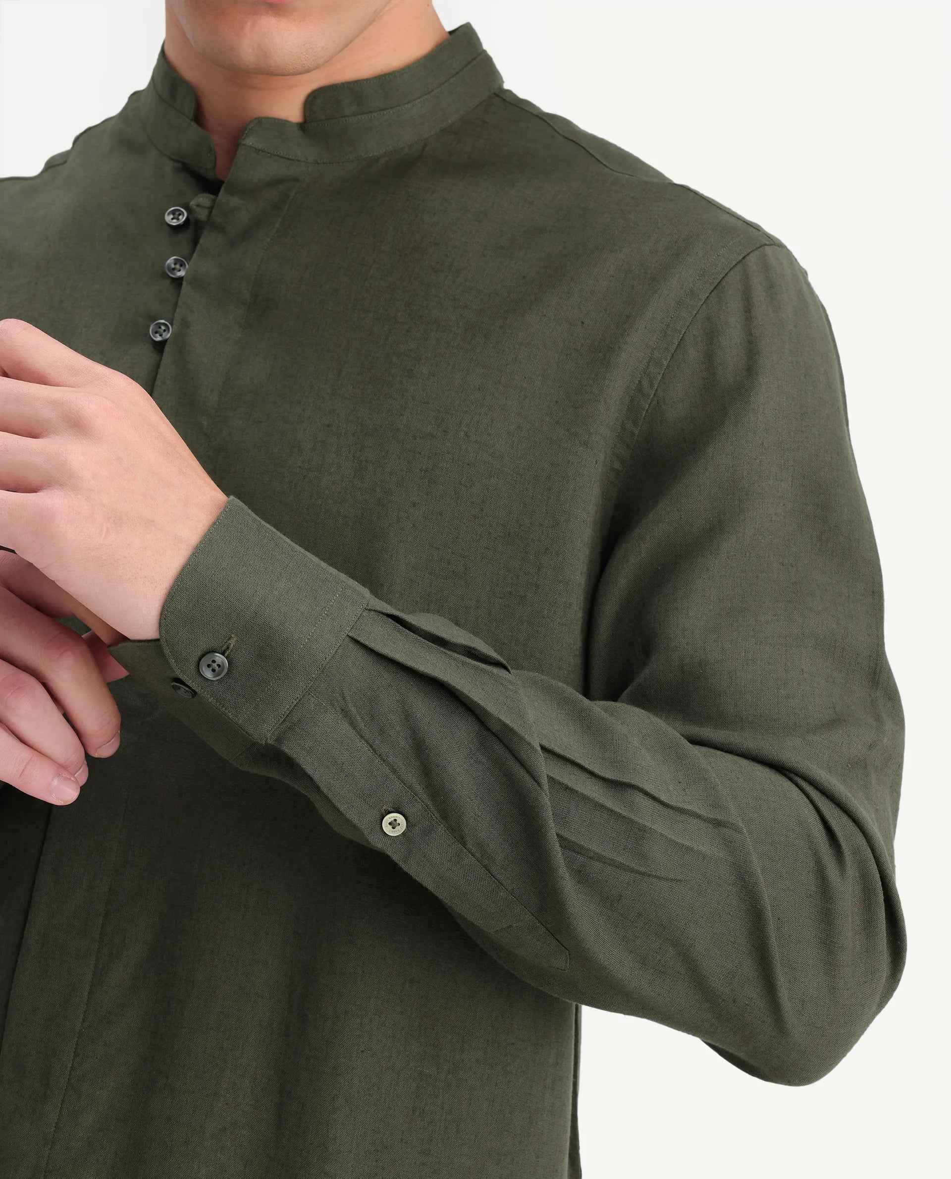 Rare Rabbit Men's Throne-Aw26 Dark Olive Linen Blend Mandarin Collar Regular Plain Shirt