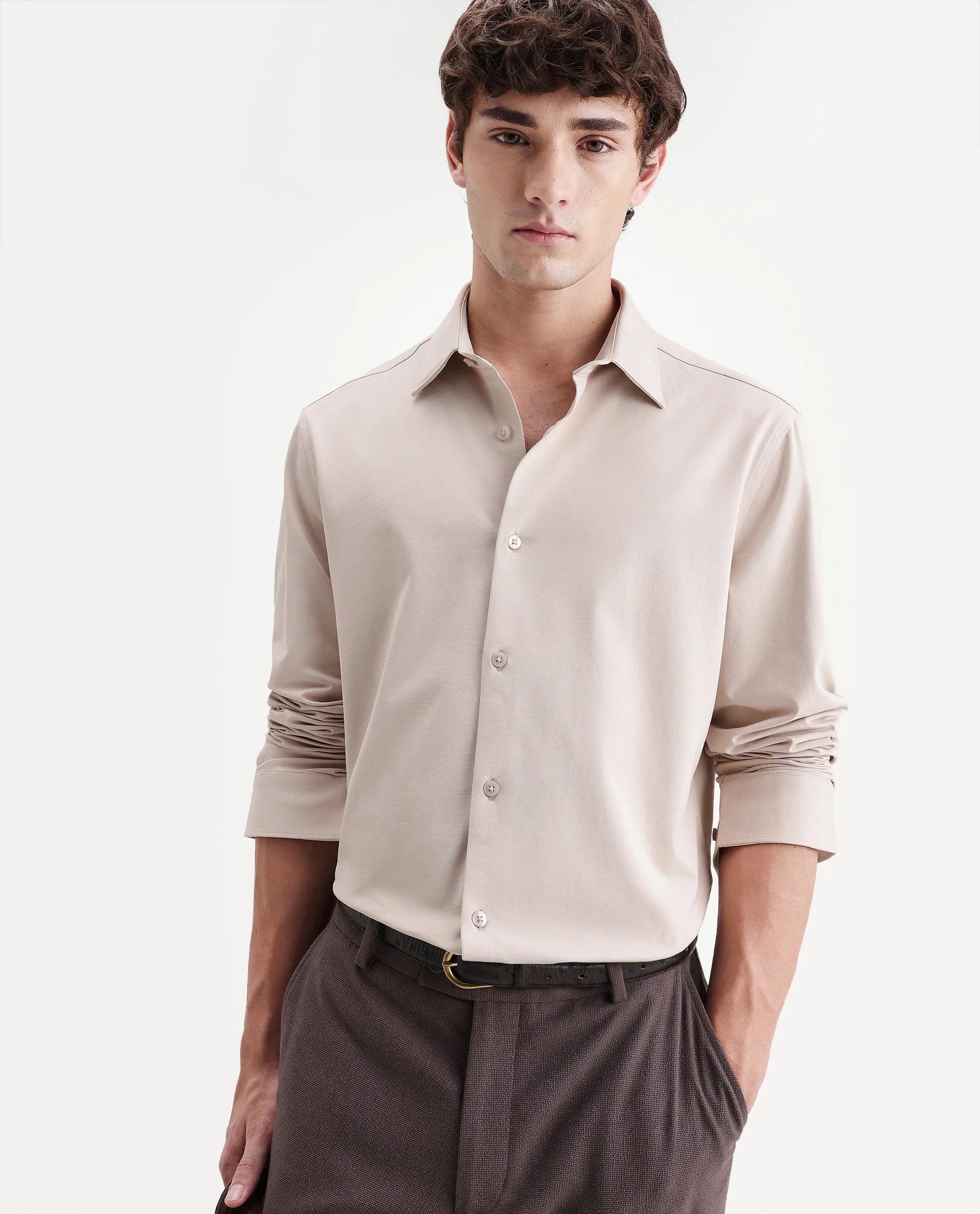 Rare Rabbit Men's Tour-Aw26 Beige Cotton Blend Spread Collar Regular Plain Shirt