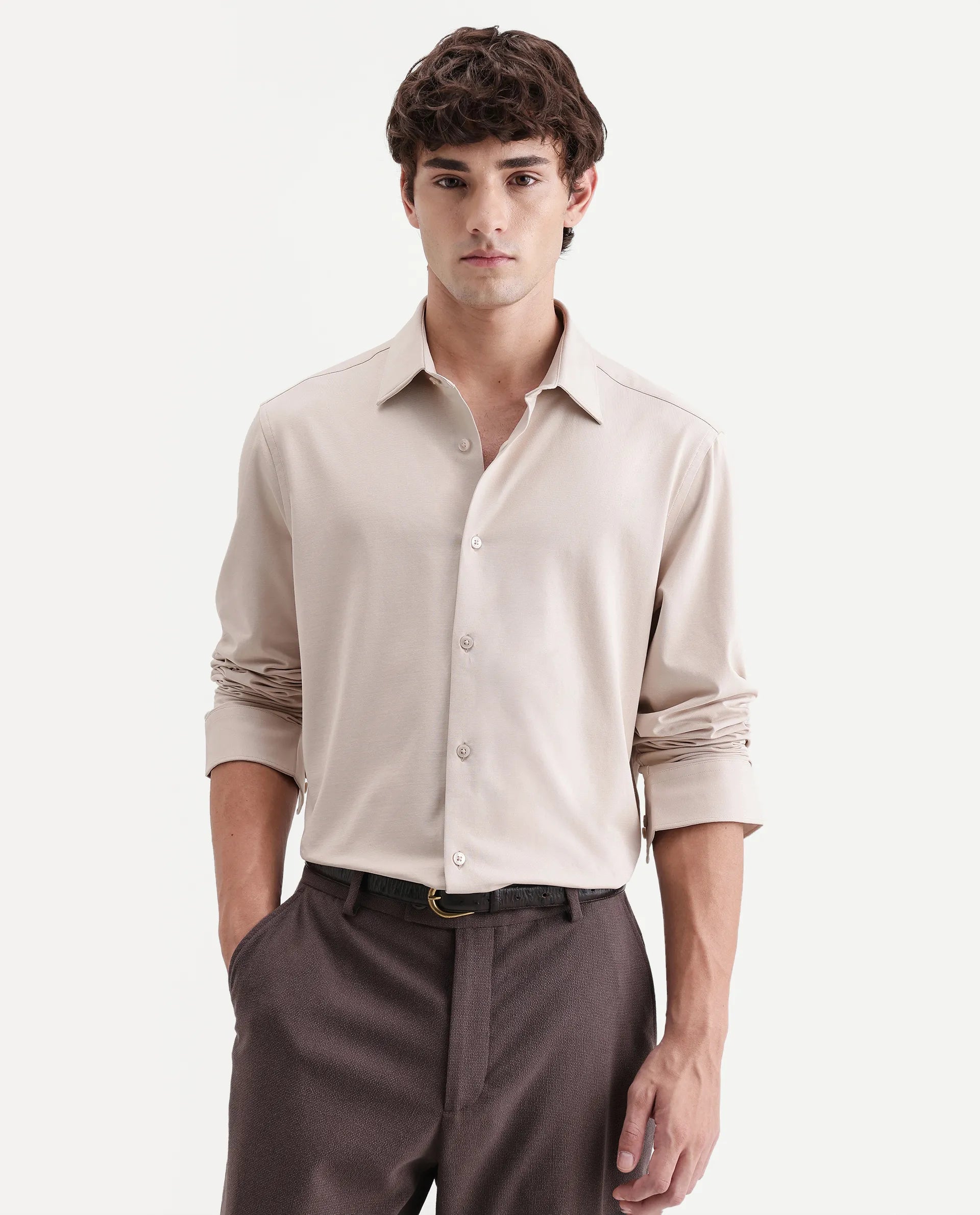 Rare Rabbit Men's Tour-Aw26 Beige Cotton Blend Spread Collar Regular Plain Shirt