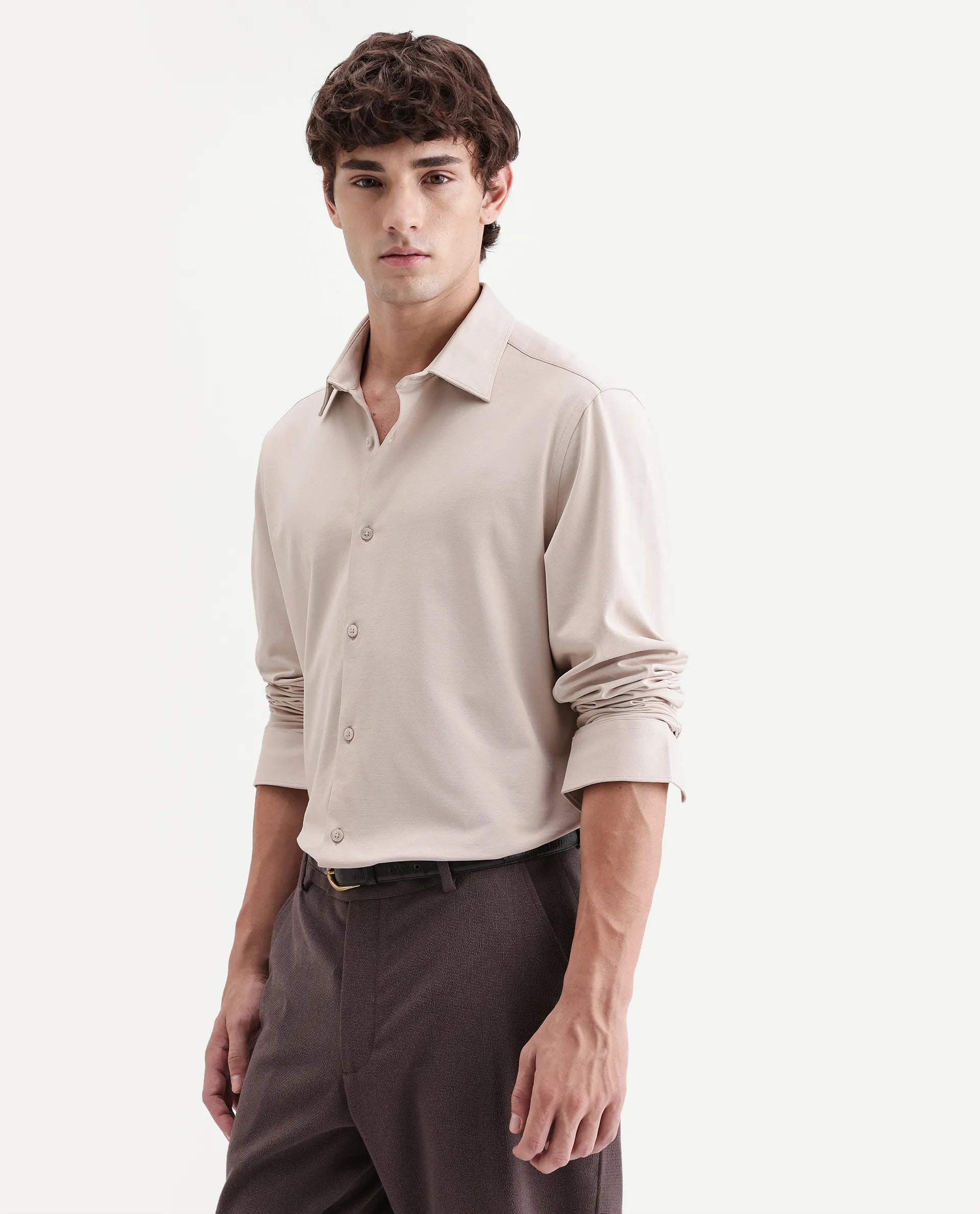 Rare Rabbit Men's Tour-Aw26 Beige Cotton Blend Spread Collar Regular Plain Shirt
