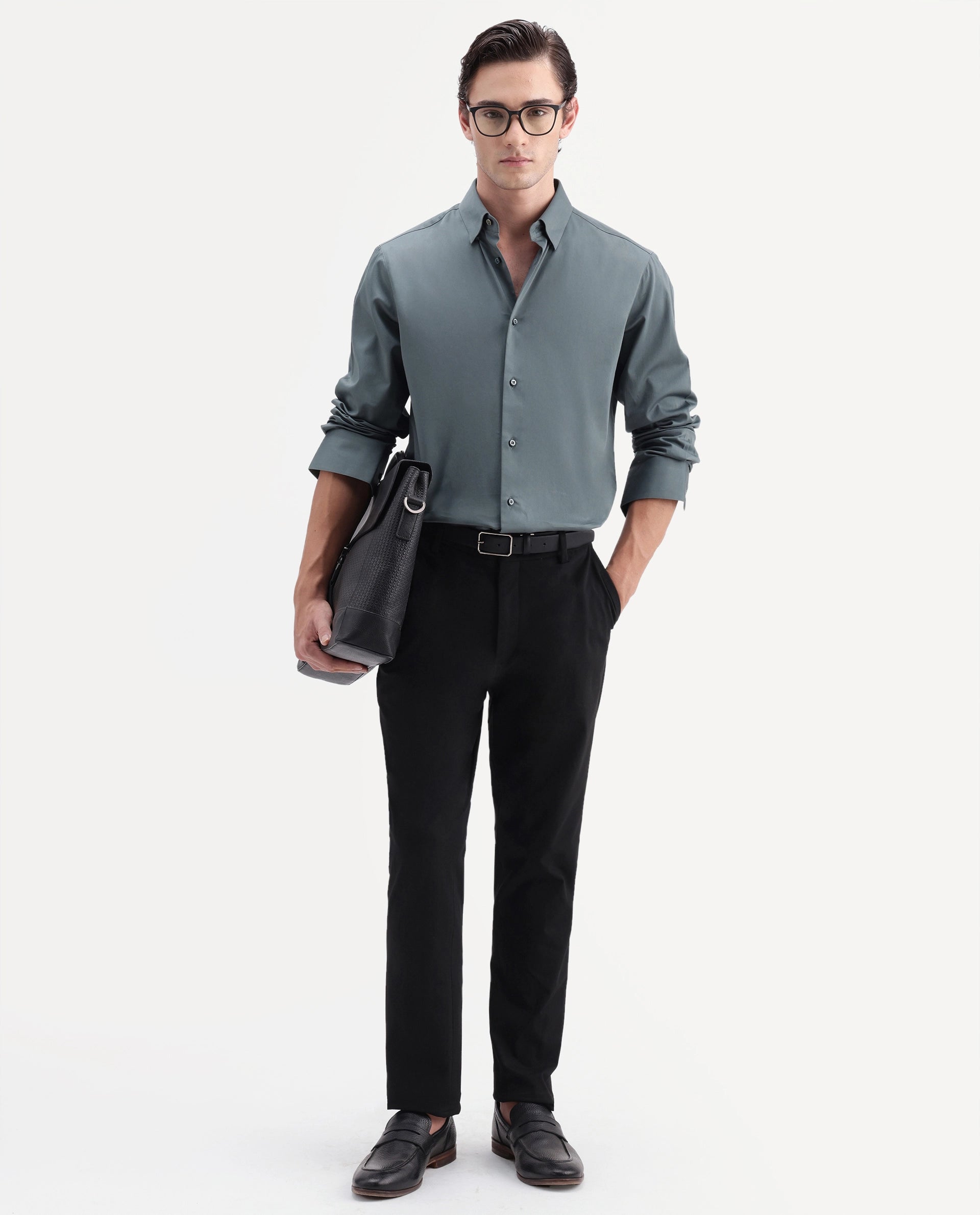 Rare Rabbit Men's Como-Aw26 Dusky Blue Cotton Blend Spread Collar Regular Plain Shirt