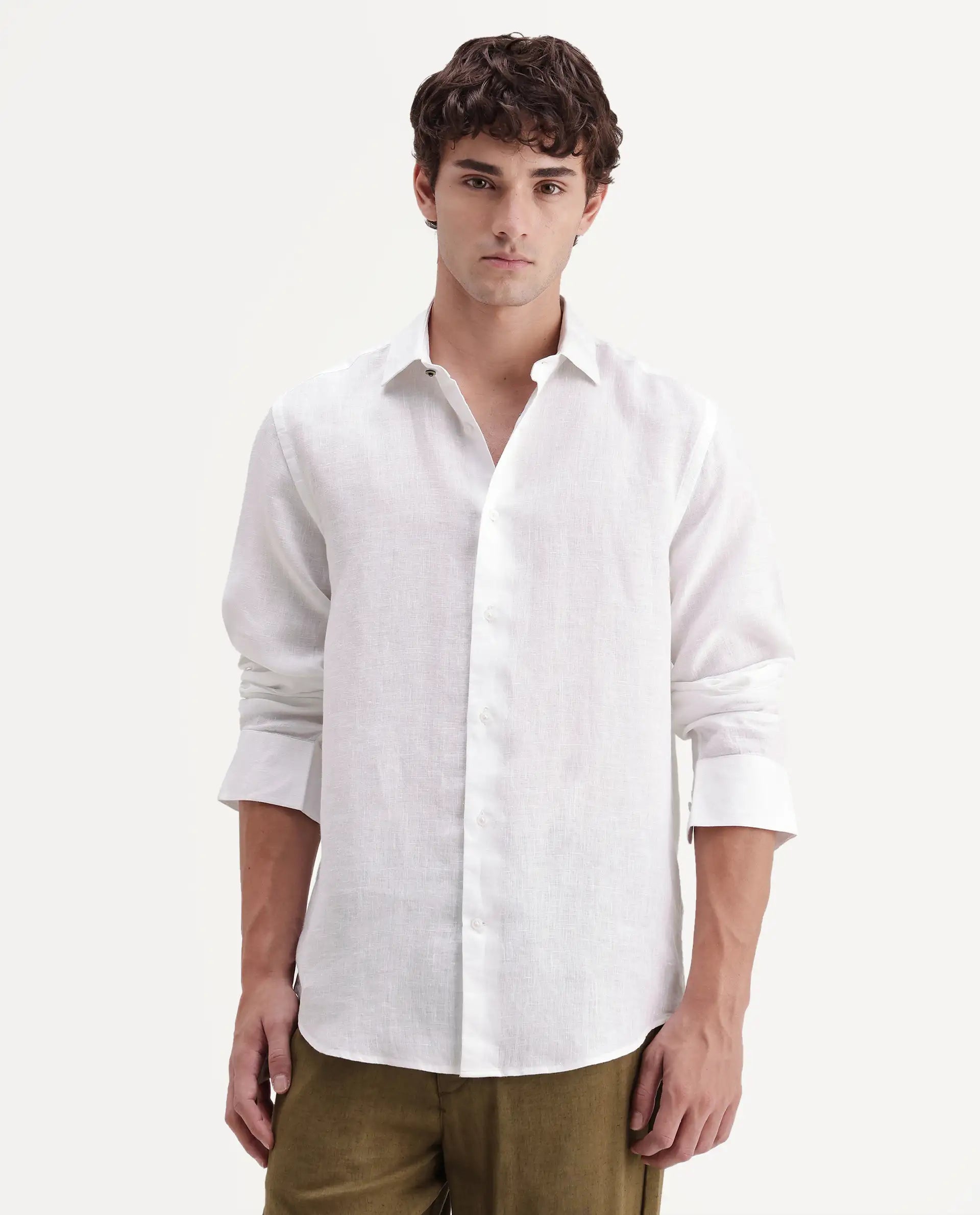 Rare Rabbit Men's Mavi-Aw26 White 100% Linen Spread Collar Regular Plain Shirt
