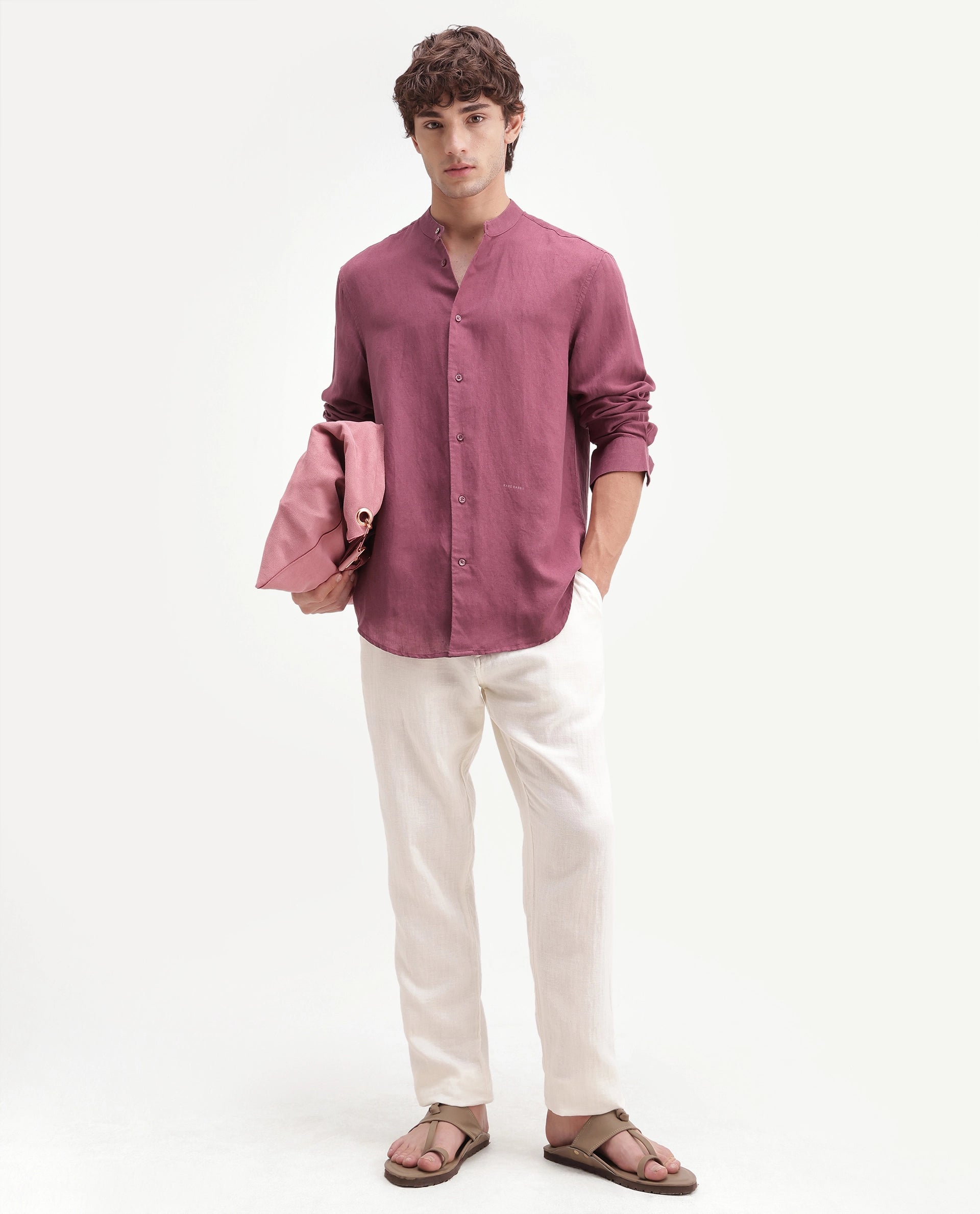 Rare Rabbit Men's Cinex-Aw26 Dusky Maroon Linen Mandarin Collar Regular Fit Plain Shirt