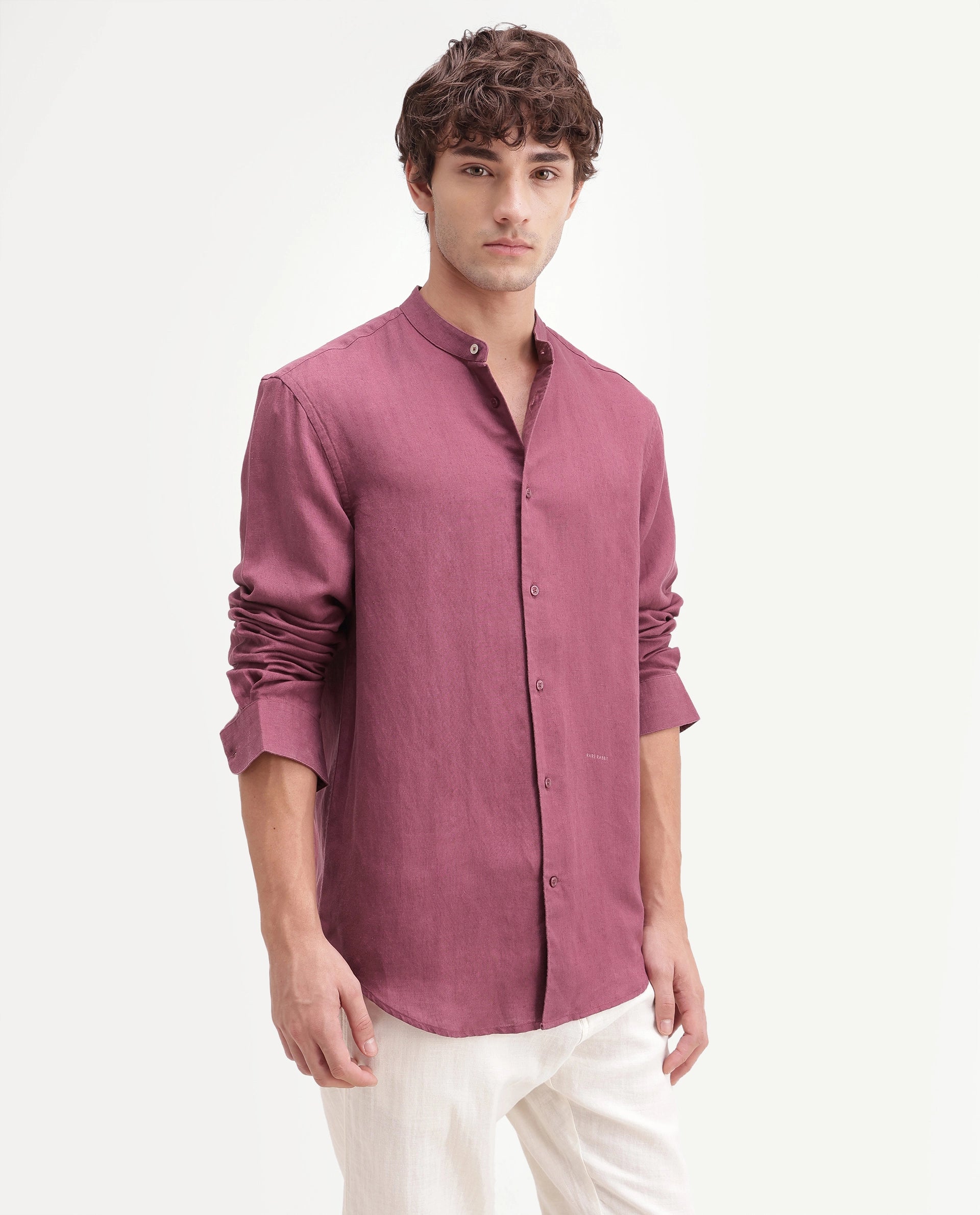 Rare Rabbit Men's Cinex-Aw26 Dusky Maroon Linen Mandarin Collar Regular Fit Plain Shirt