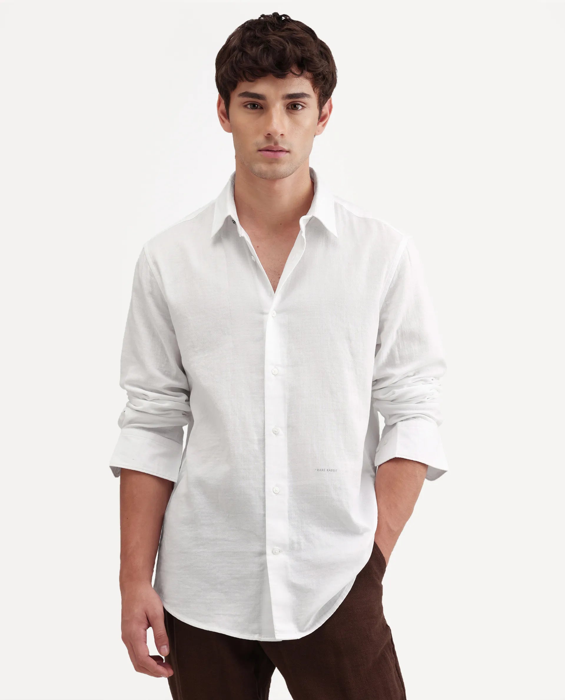 Rare Rabbit Men's Layer-Ls-Aw26 White Cotton Spread Collar Regular Plain Shirt