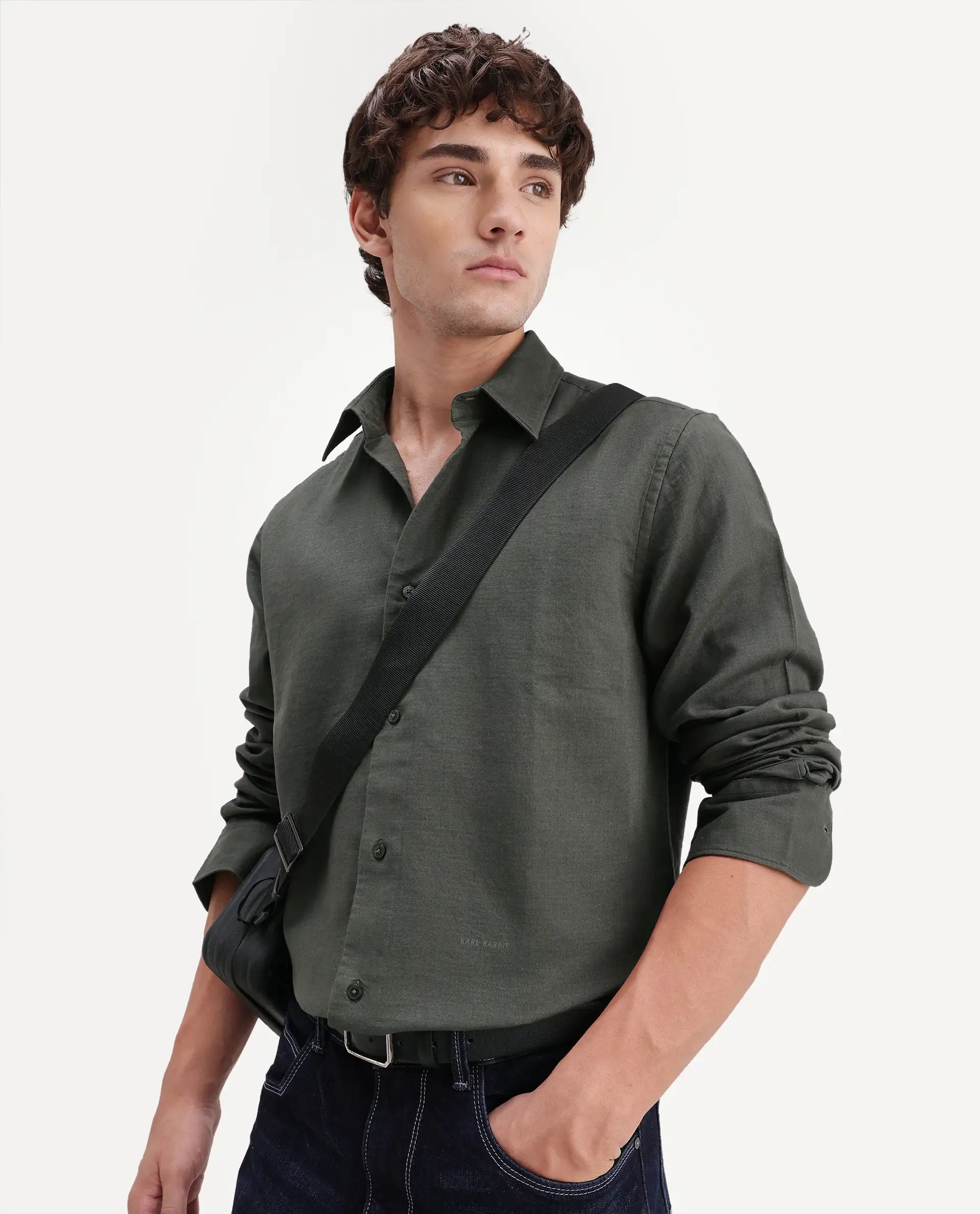 Rare Rabbit Men's Layer-Ls-Aw26 Olive Cotton Spread Collar Regular Plain Shirt