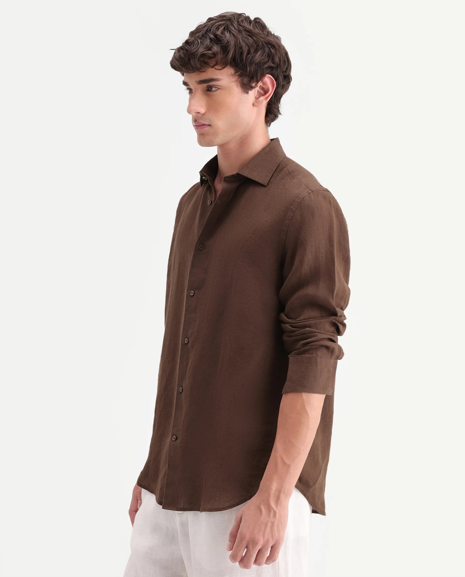 Rare Rabbit Men's Mavi-Aw26 Brown 100% Linen Spread Collar Regular Fit Plain Shirt