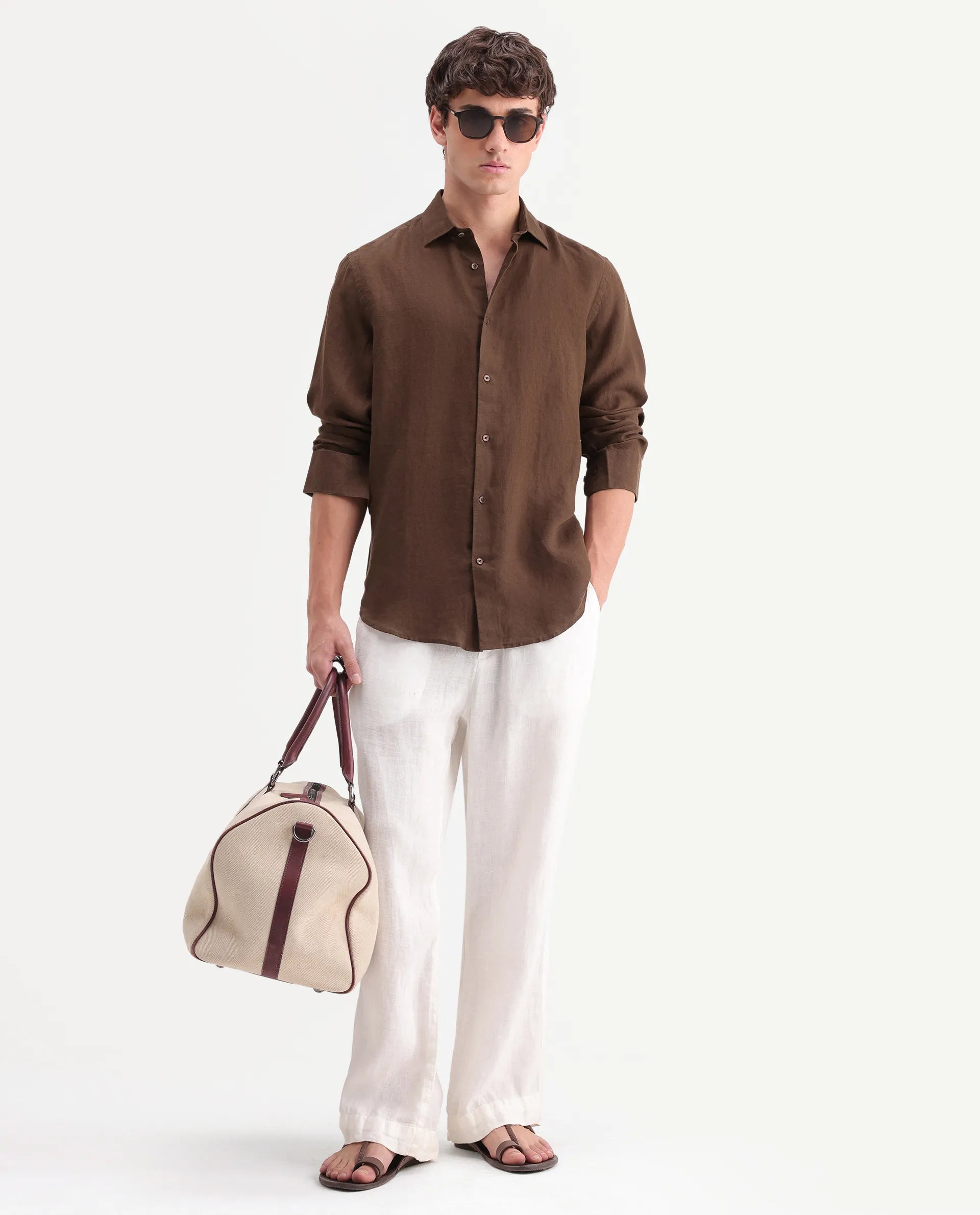 Rare Rabbit Men's Mavi-Aw26 Brown 100% Linen Spread Collar Regular Fit Plain Shirt