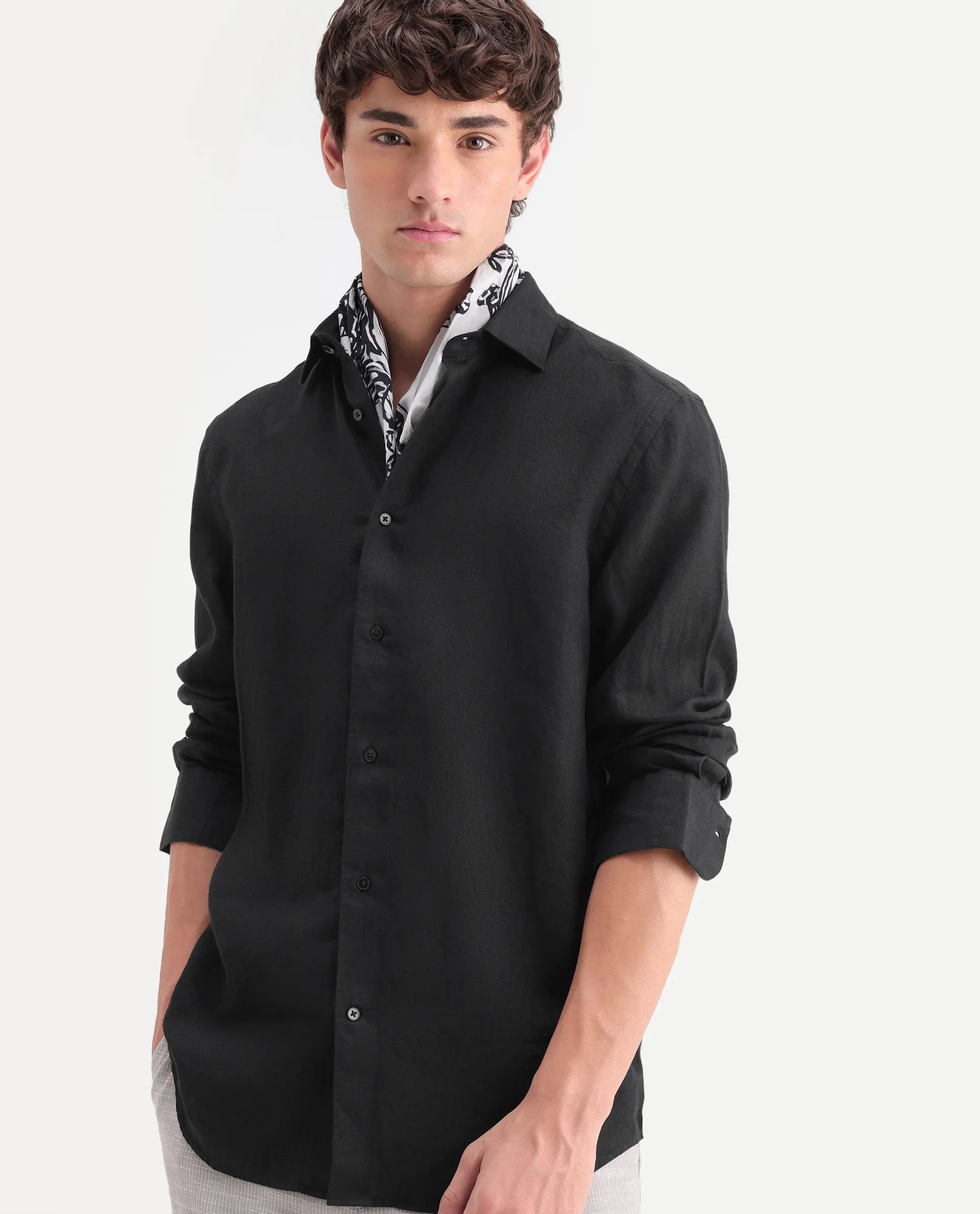 Rare Rabbit Men's Mavi-Aw26 Black 100% Linen Spread Collar Regular Plain Shirt