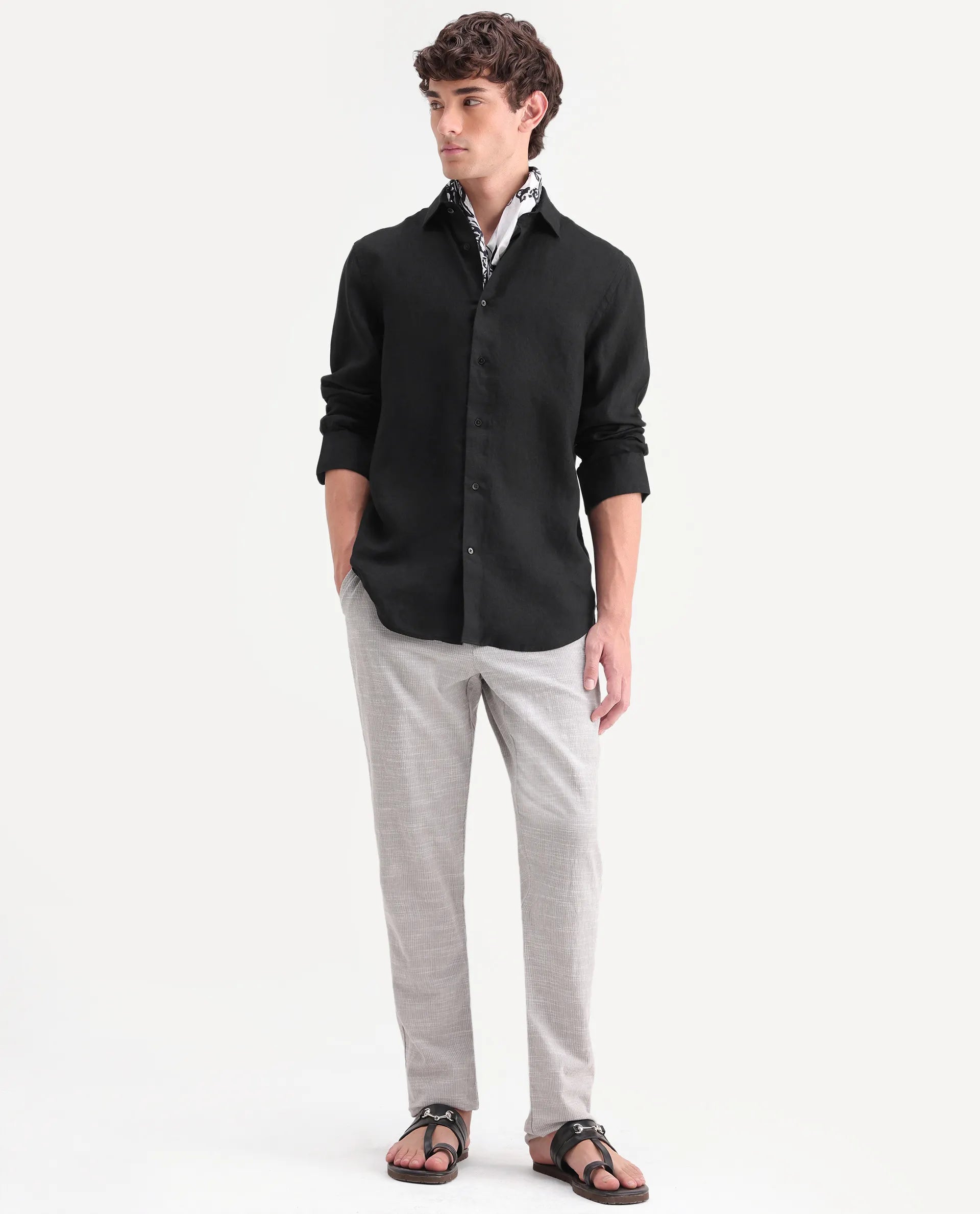 Rare Rabbit Men's Mavi-Aw26 Black 100% Linen Spread Collar Regular Plain Shirt