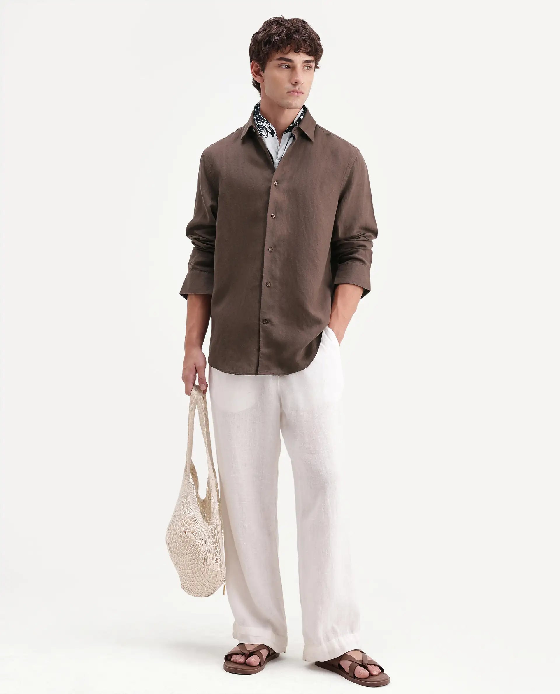 Rare Rabbit Men's Linex-Ls-Aw26 Brown Linen Blend Spread Collar Regular Fit Plain Shirt