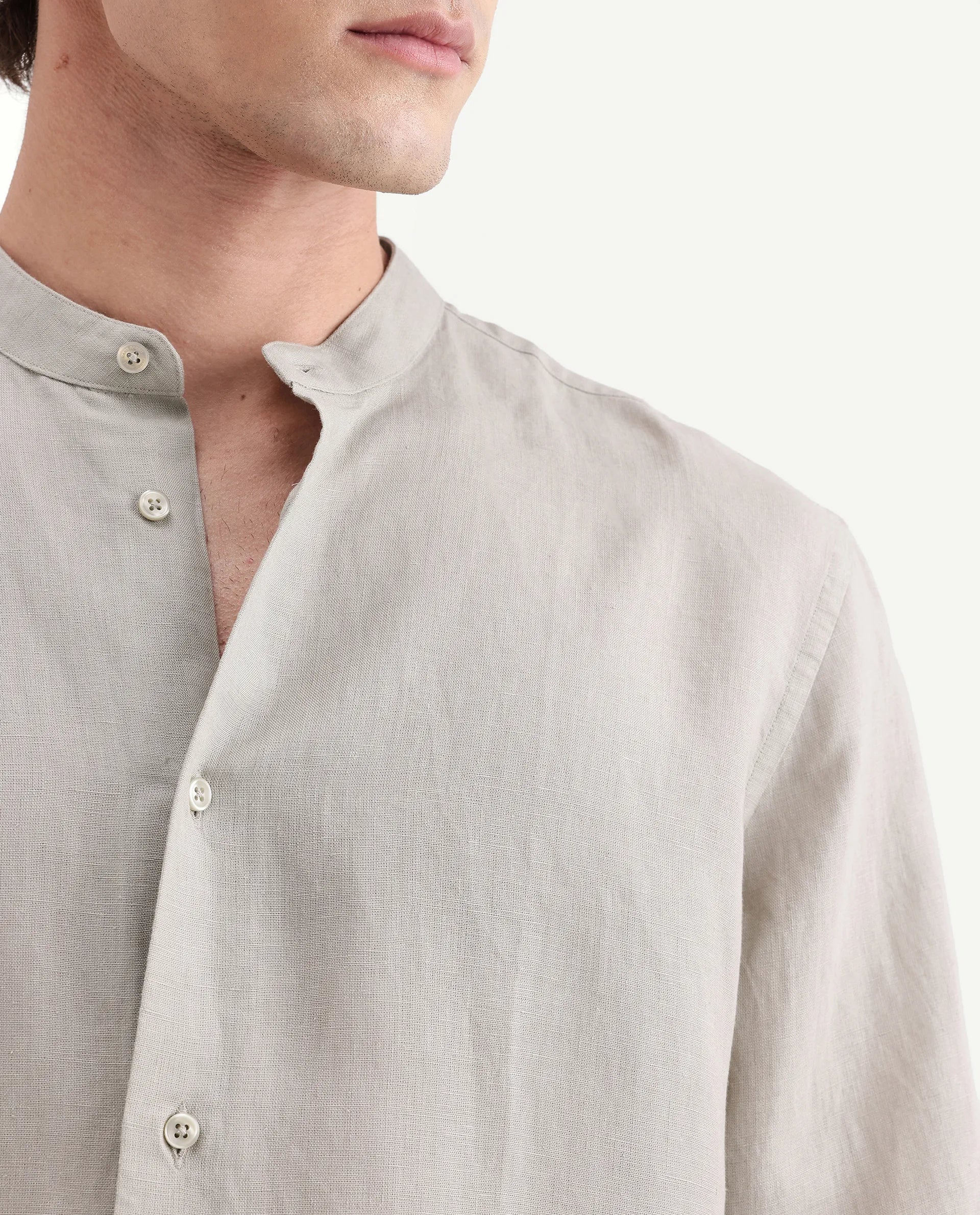Rare Rabbit Men's Cinex-Aw26 Light Green Linen Mandarin Collar Regular Fit Plain Shirt