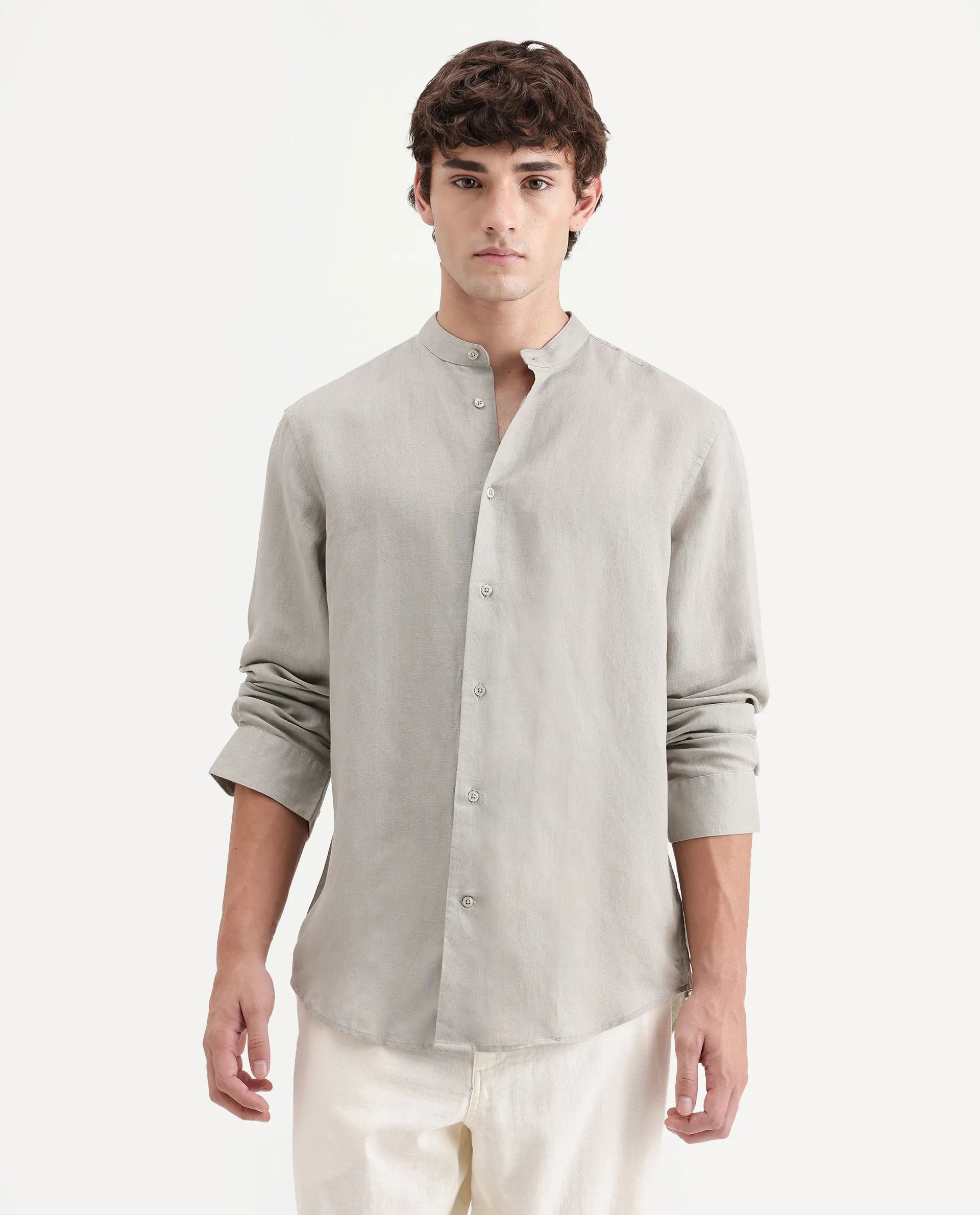 Rare Rabbit Men's Cinex-Aw26 Light Green Linen Mandarin Collar Regular Fit Plain Shirt