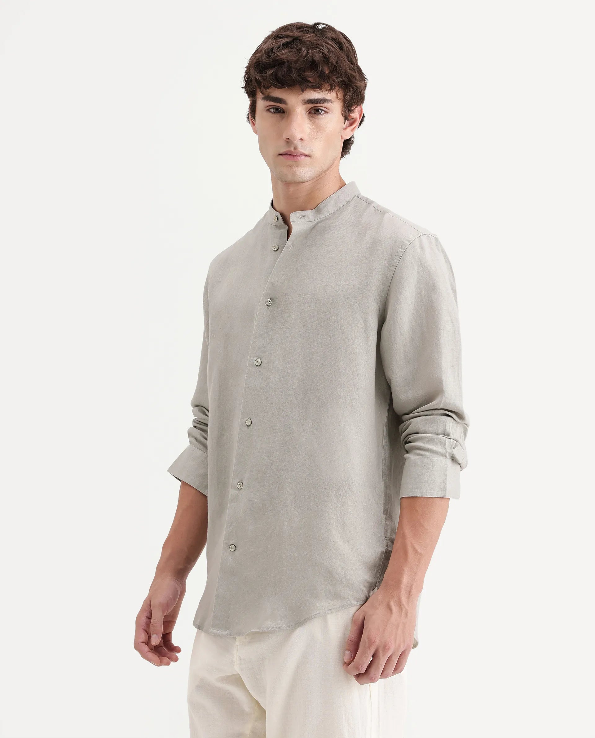 Rare Rabbit Men's Cinex-Aw26 Light Green Linen Mandarin Collar Regular Fit Plain Shirt