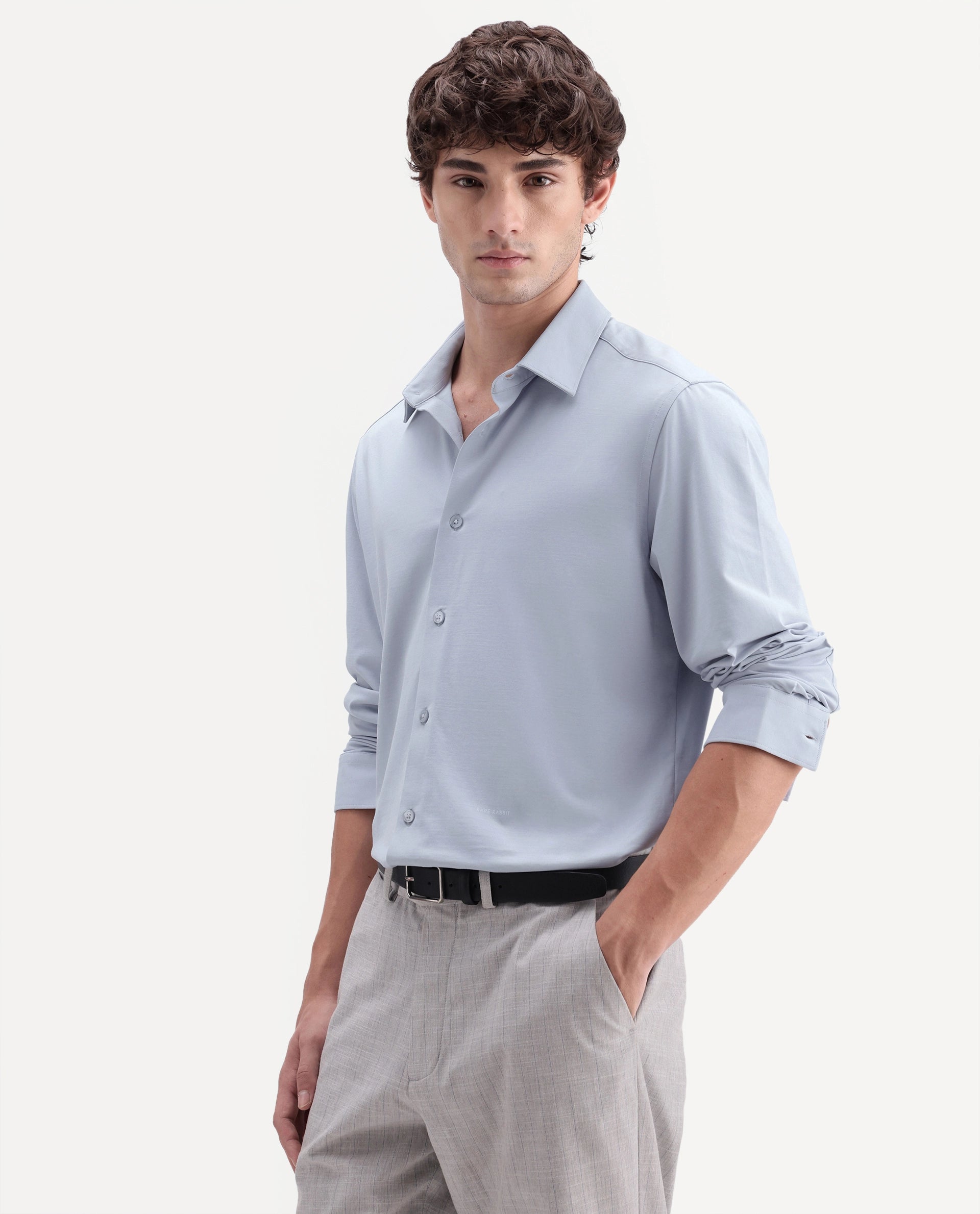 Rare Rabbit Men's Tour-Aw26 Light Blue Cotton Blend Spread Collar Regular Plain Shirt
