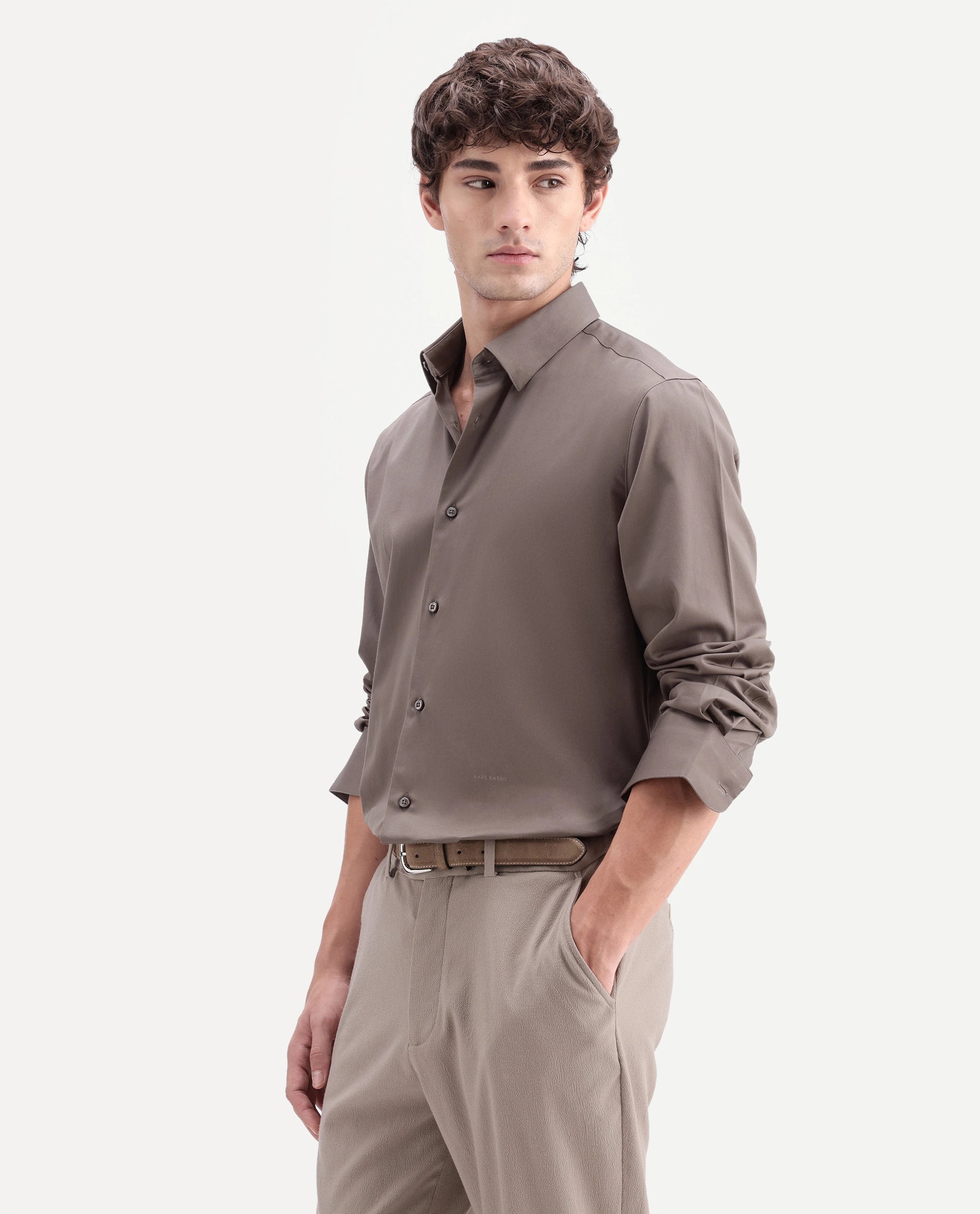 Rare Rabbit Men's Como-Aw26 Dusky Brown Cotton Blend Spread Collar Regular Plain Shirt