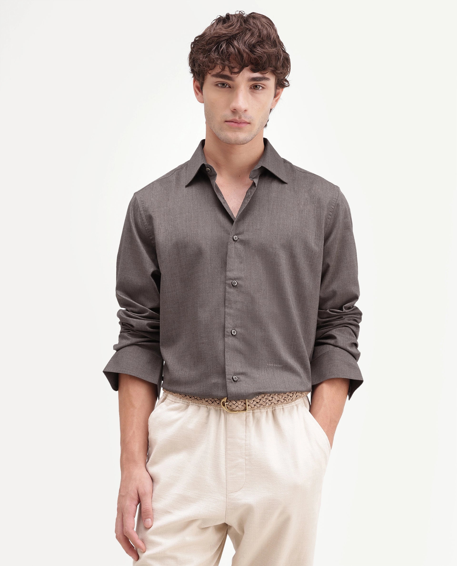 Rare Rabbit Men's Gunjo-Aw26 Brown Polyester Blend Spread Collar Regular Plain Shirt