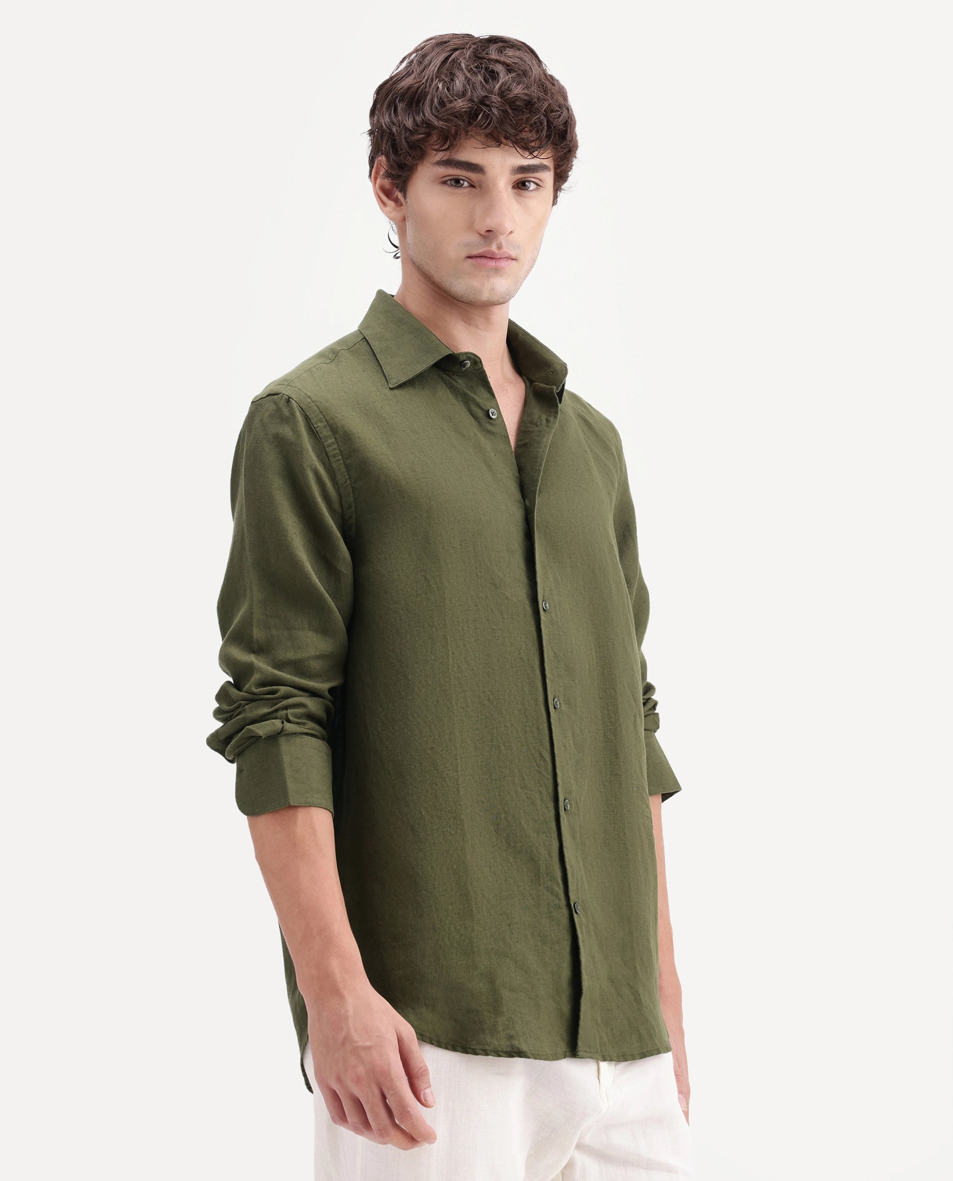Rare Rabbit Men's Linex-Ls-Aw26 Dark Green Linen Blend Spread Collar Regular Fit Plain Shirt