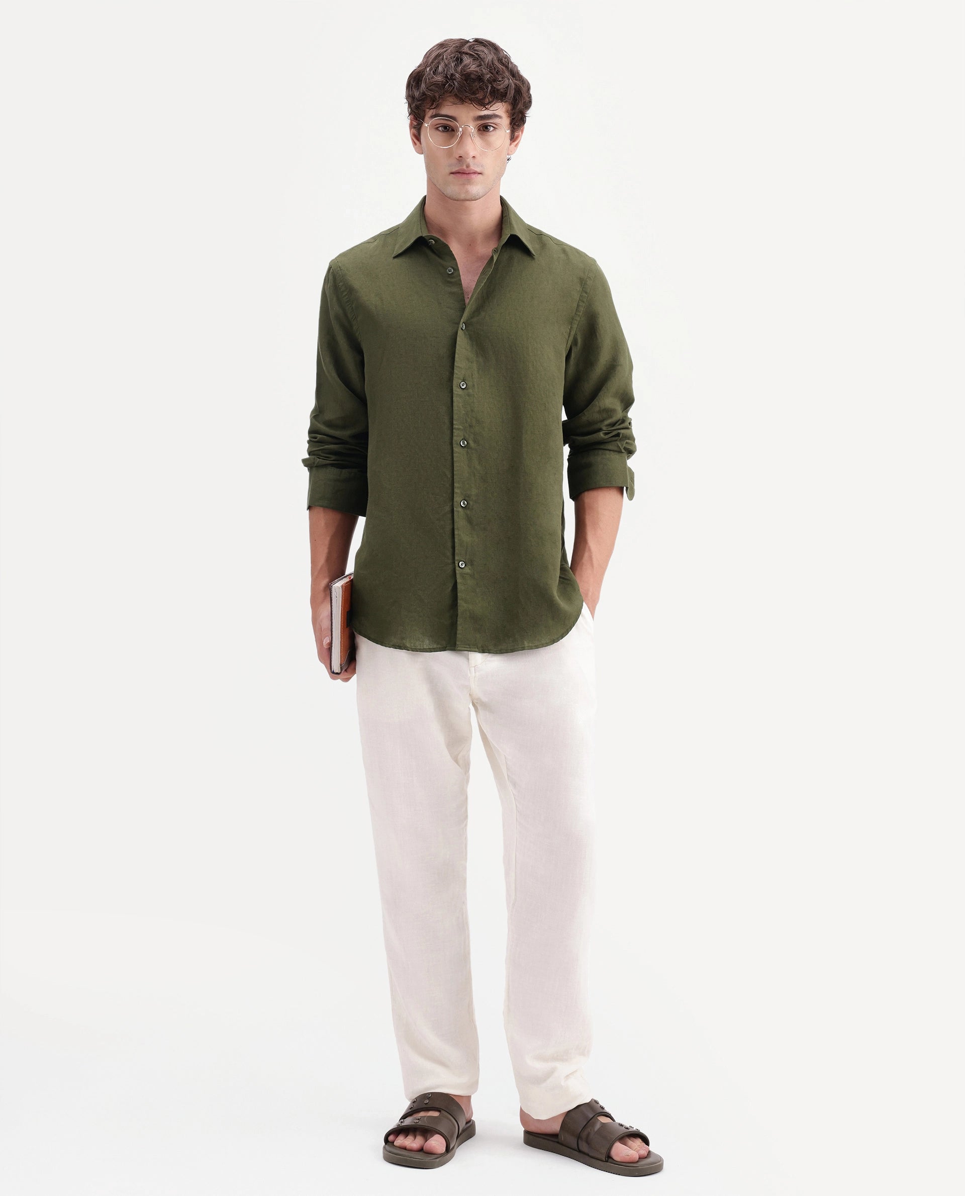 Rare Rabbit Men's Linex-Ls-Aw26 Dark Green Linen Blend Spread Collar Regular Fit Plain Shirt