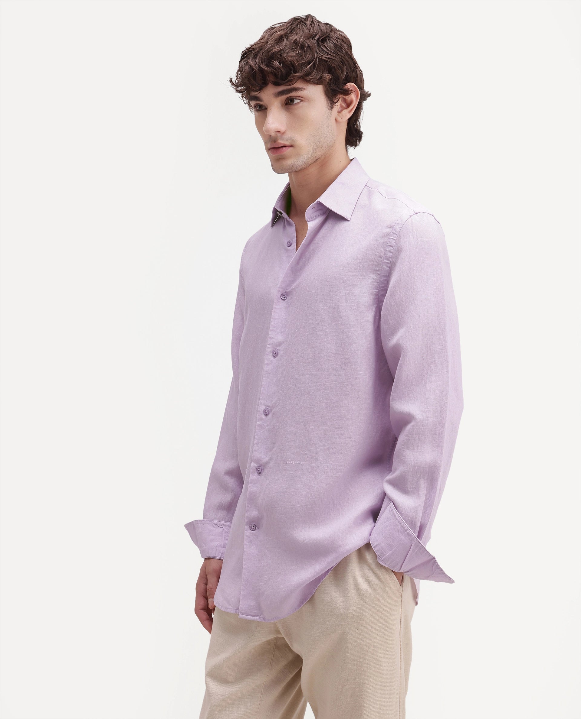 Rare Rabbit Men's Linex-Ls-Aw26 Dusky Purple Linen Blend Spread Collar Regular Fit Plain Shirt