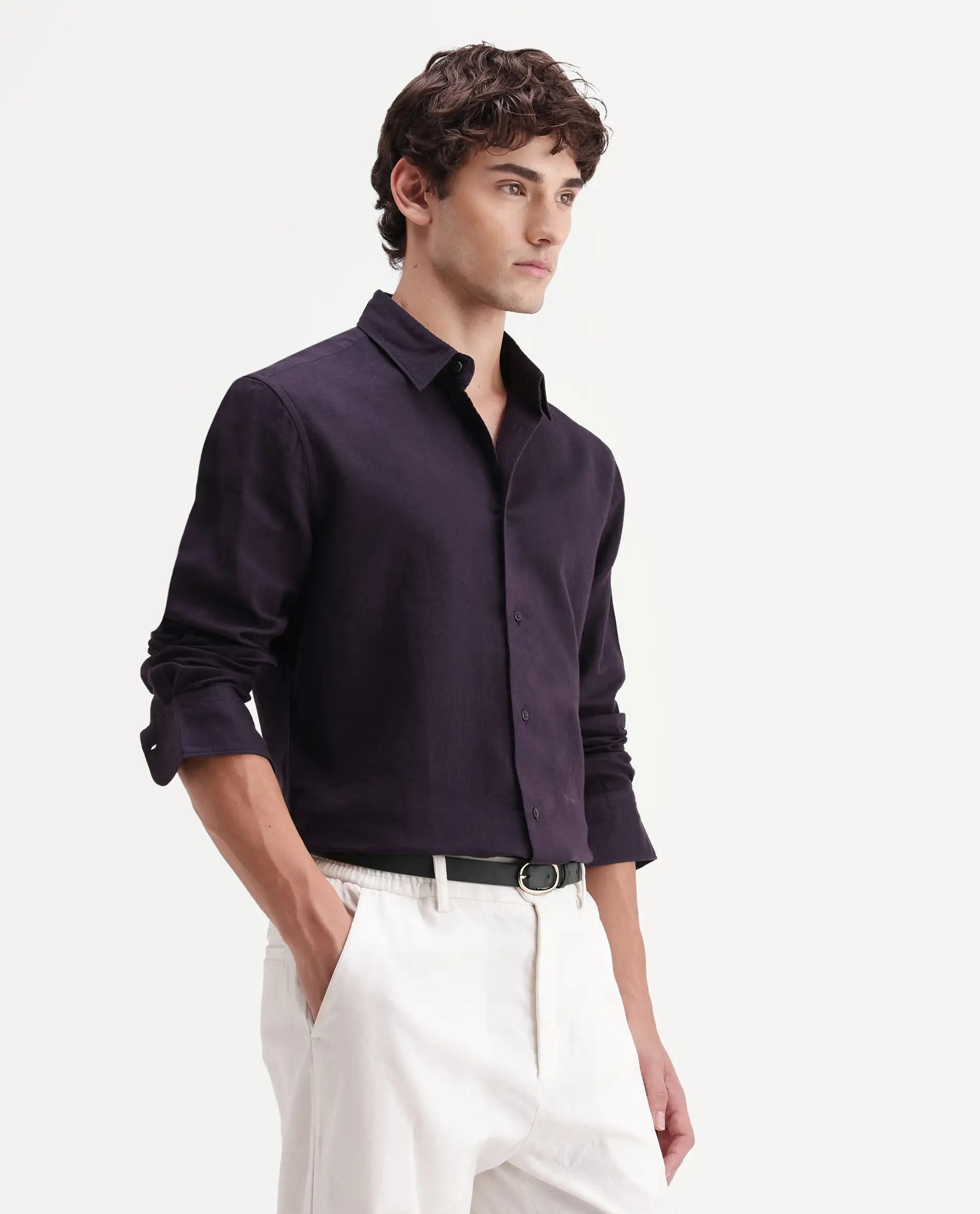Rare Rabbit Men's Layer-Ls-Aw26 Dark Purple Cotton Spread Collar Regular Plain Shirt