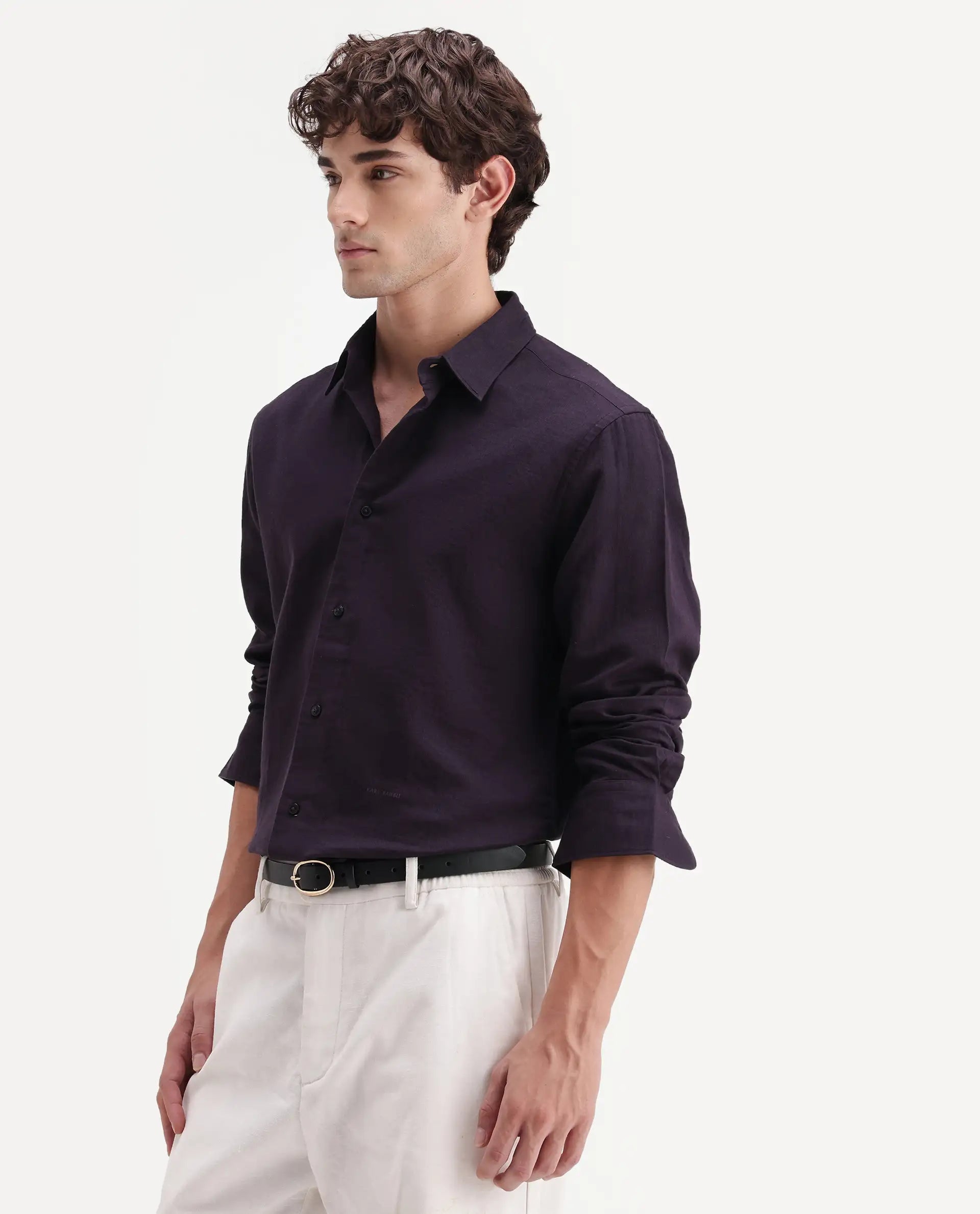 Rare Rabbit Men's Layer-Ls-Aw26 Dark Purple Cotton Spread Collar Regular Plain Shirt