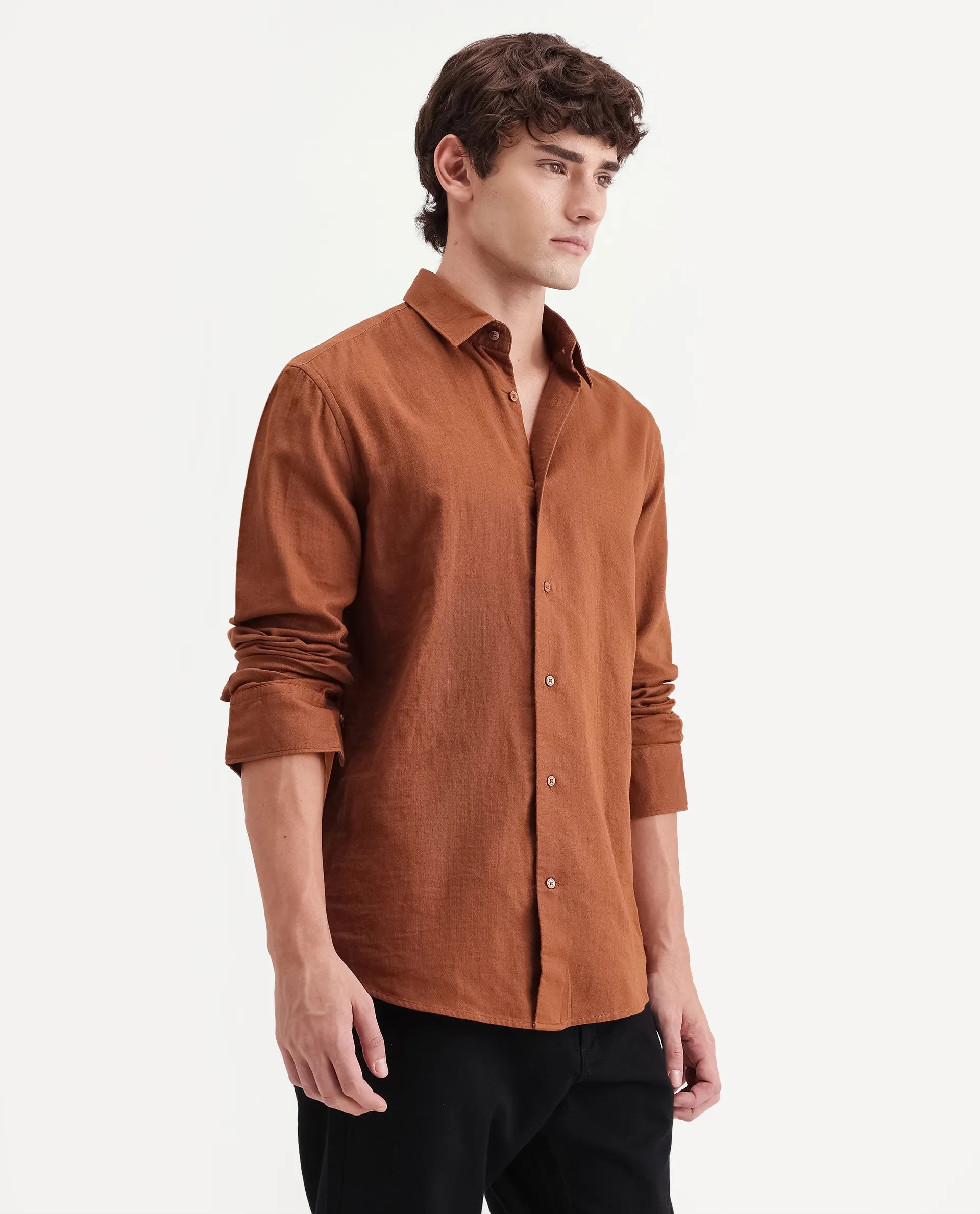 Rare Rabbit Men's Layer-Ls-Aw26 Dusky Rust Cotton Spread Collar Regular Plain Shirt
