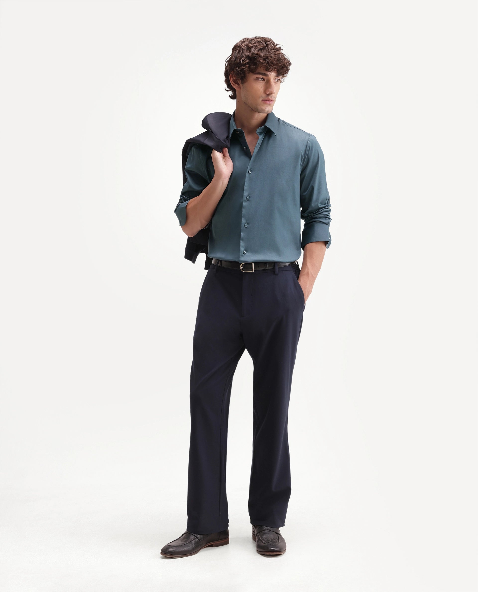 Rare Rabbit Men's Holla-Aw26 Dusky Blue Cotton Blend Spread Collar Regular Plain Shirt