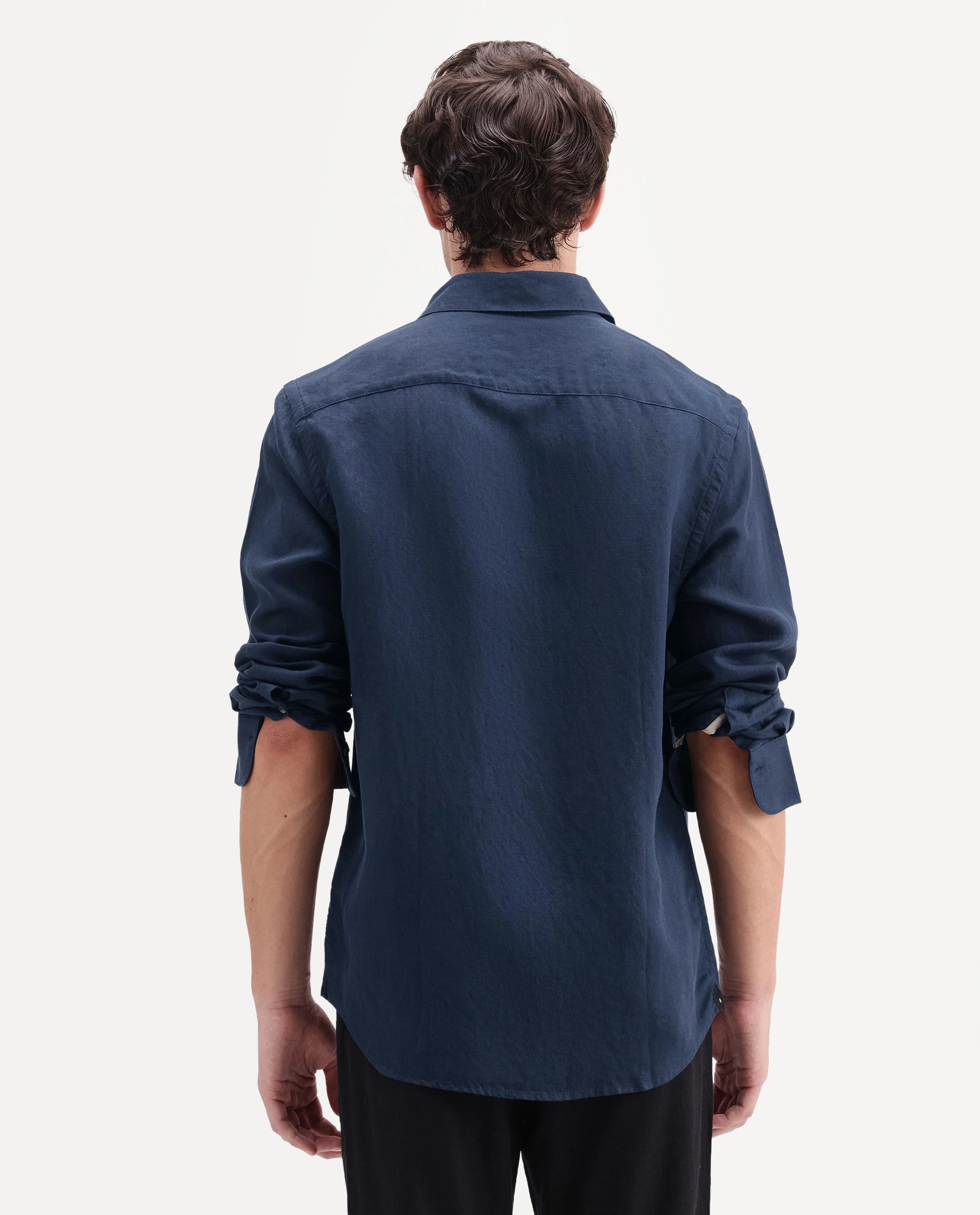 Rare Rabbit Men's Linex-Ls-Aw26 Dark Navy Linen Blend Spread Collar Regular Fit Plain Shirt