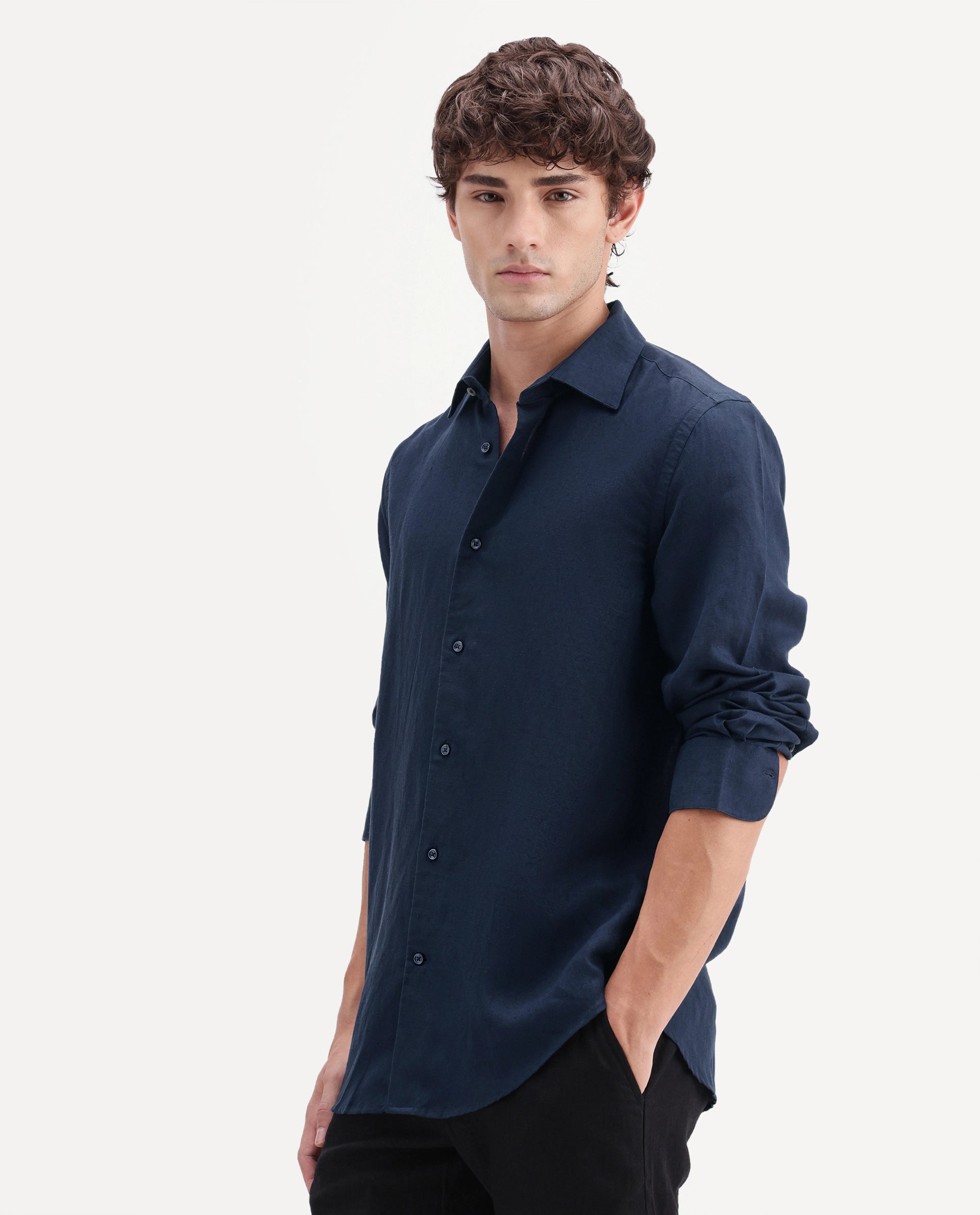 Rare Rabbit Men's Linex-Ls-Aw26 Dark Navy Linen Blend Spread Collar Regular Fit Plain Shirt