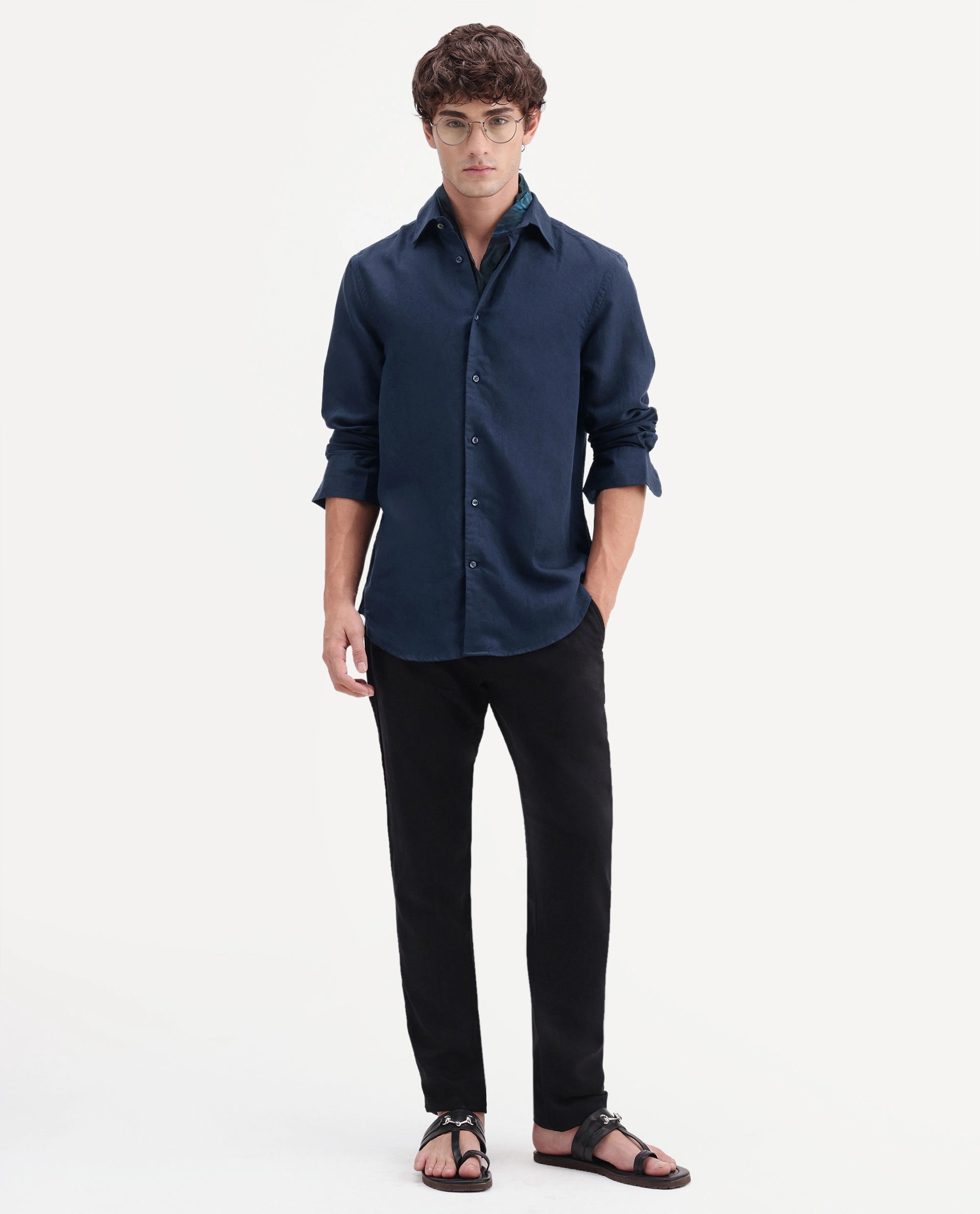 Rare Rabbit Men's Linex-Ls-Aw26 Dark Navy Linen Blend Spread Collar Regular Fit Plain Shirt