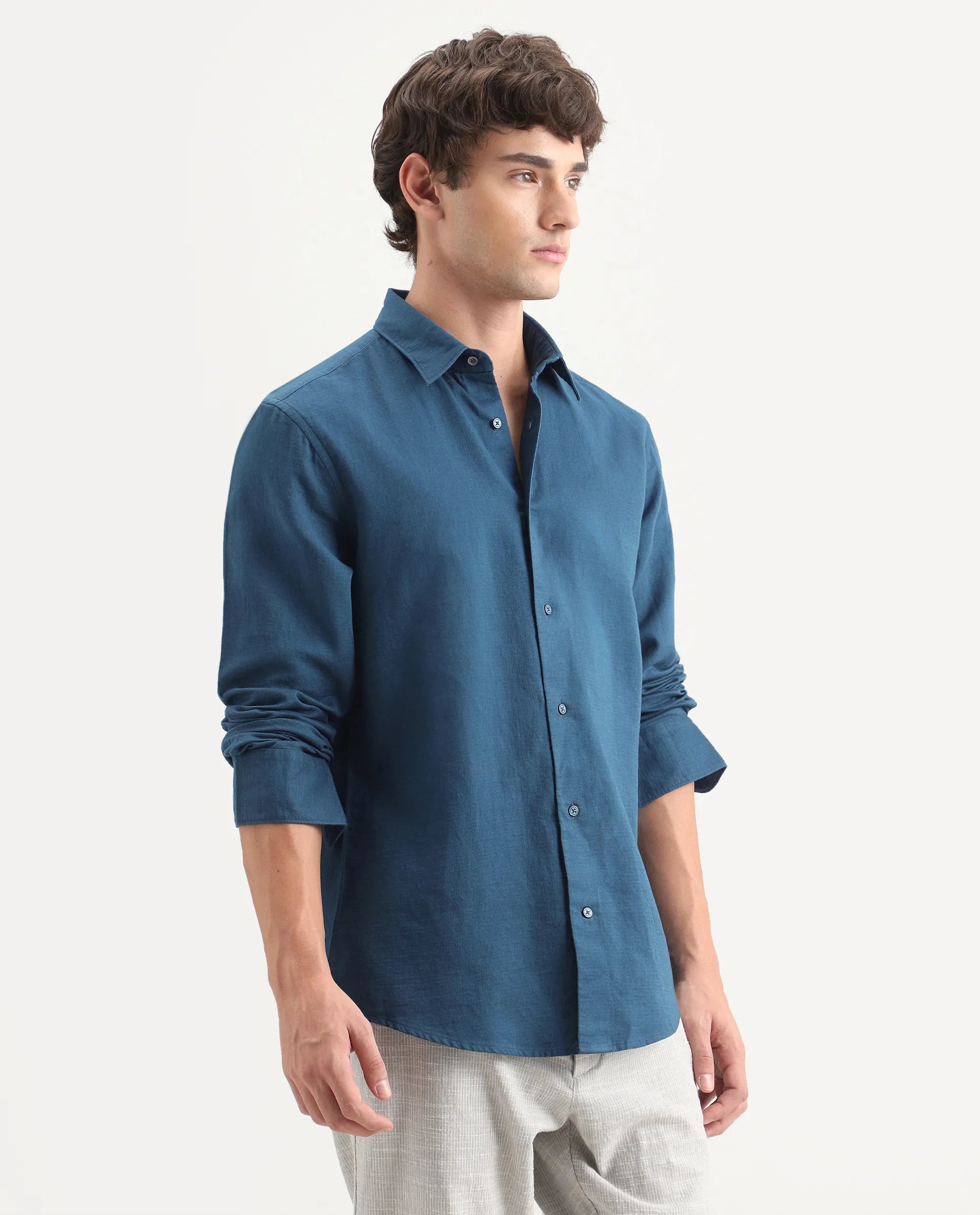 Rare Rabbit Men's Layer-Ls-Aw26 Dark Teal Cotton Spread Collar Regular Plain Shirt