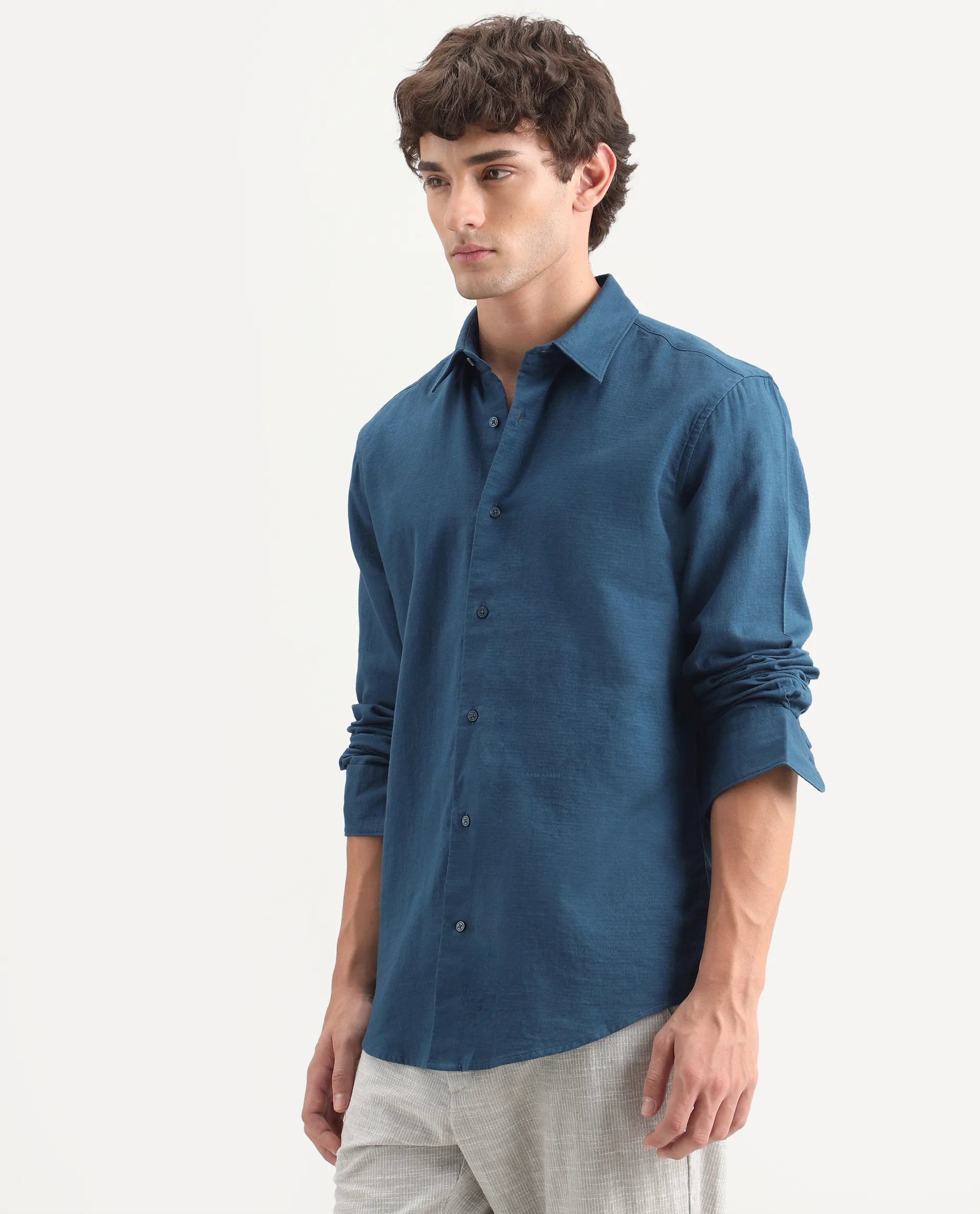 Rare Rabbit Men's Layer-Ls-Aw26 Dark Teal Cotton Spread Collar Regular Plain Shirt