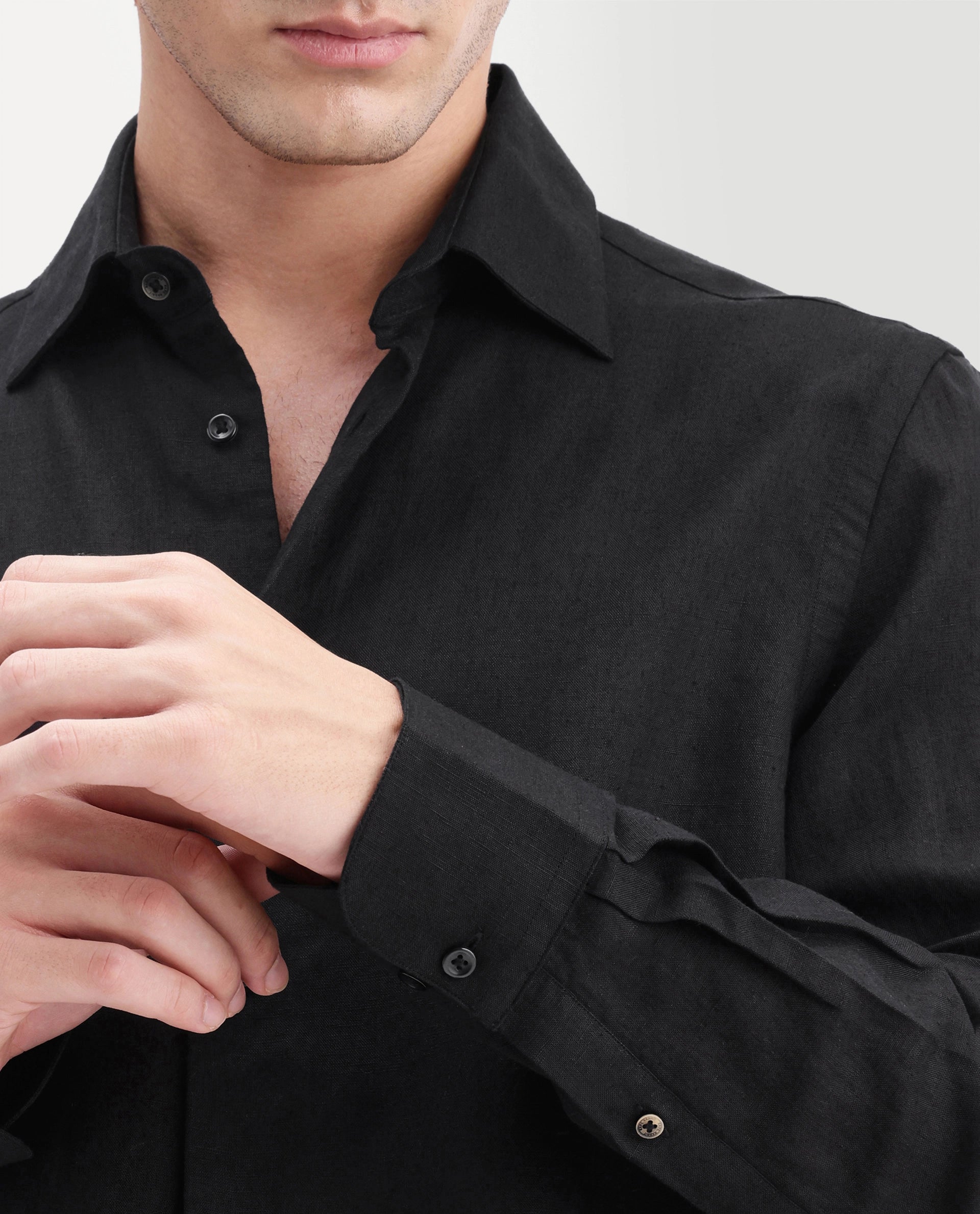 Rare Rabbit Men's Linex-Ls-Aw26 Black Linen Blend Spread Collar Regular Fit Plain Shirt
