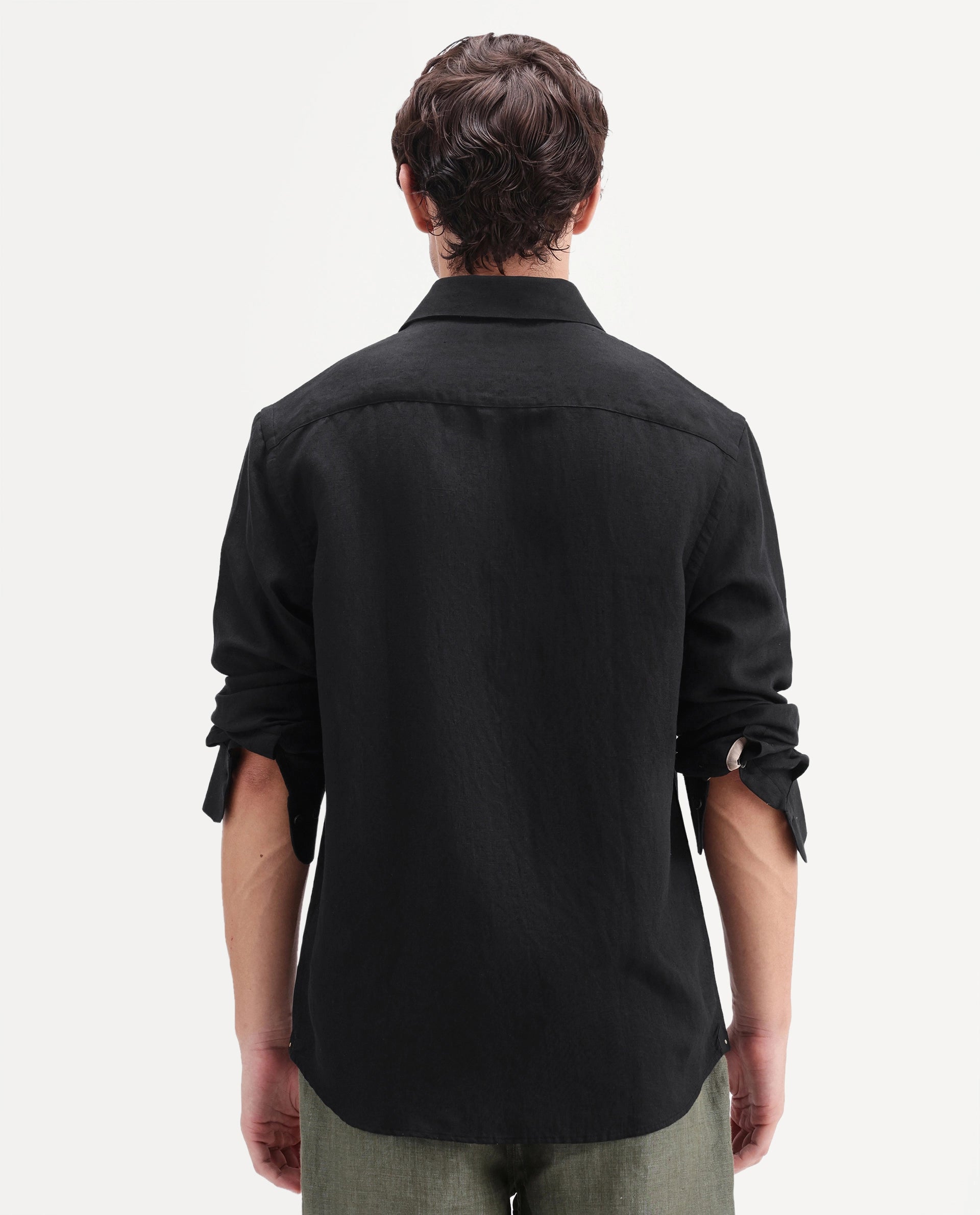 Rare Rabbit Men's Linex-Ls-Aw26 Black Linen Blend Spread Collar Regular Fit Plain Shirt